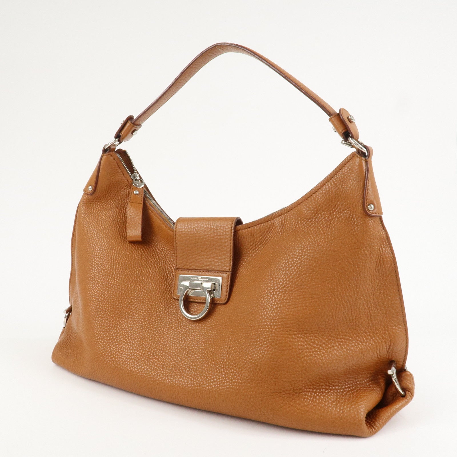 Ferragamo Gancini Leather Shoulder Bag Brown Silver Hardware Used