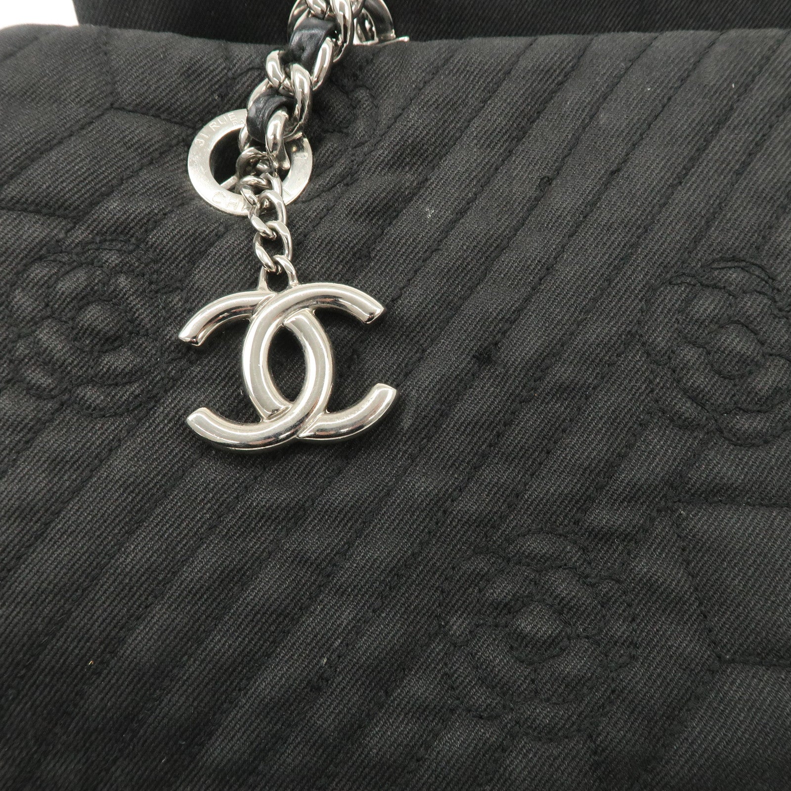 CHANEL Camelia Denim Chain Shoulder Bag Black A66903 Used