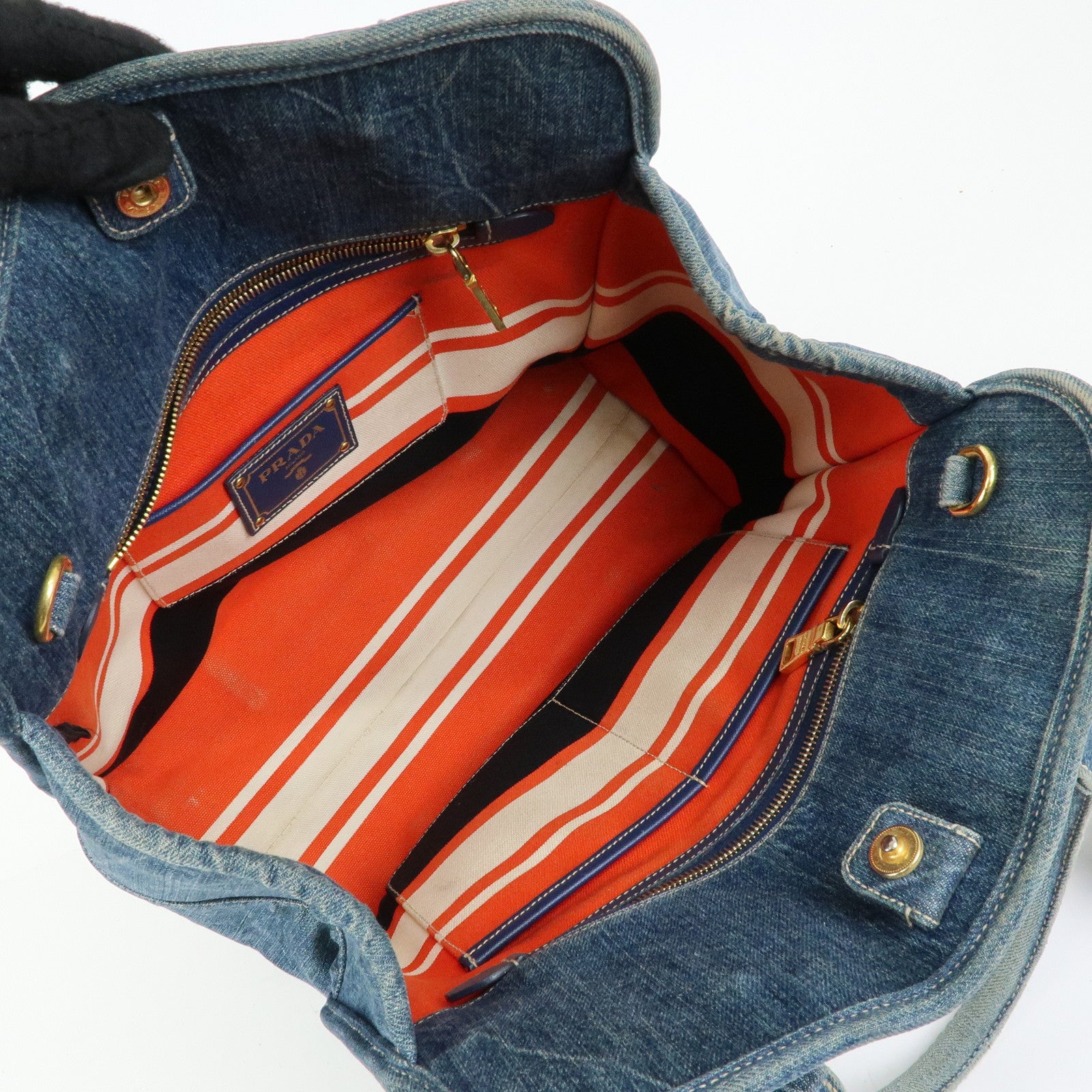 PRADA Triangle Logo Denim Tote Bag Hand Bag Blue BN2254