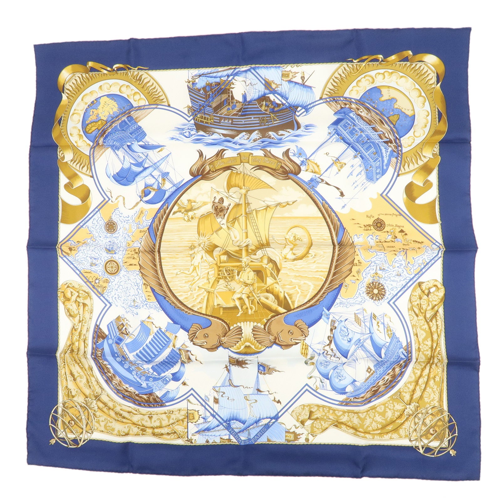 HERMES Carre 90 Silk 100% Scarf Au-dela des cinq mers Navy White