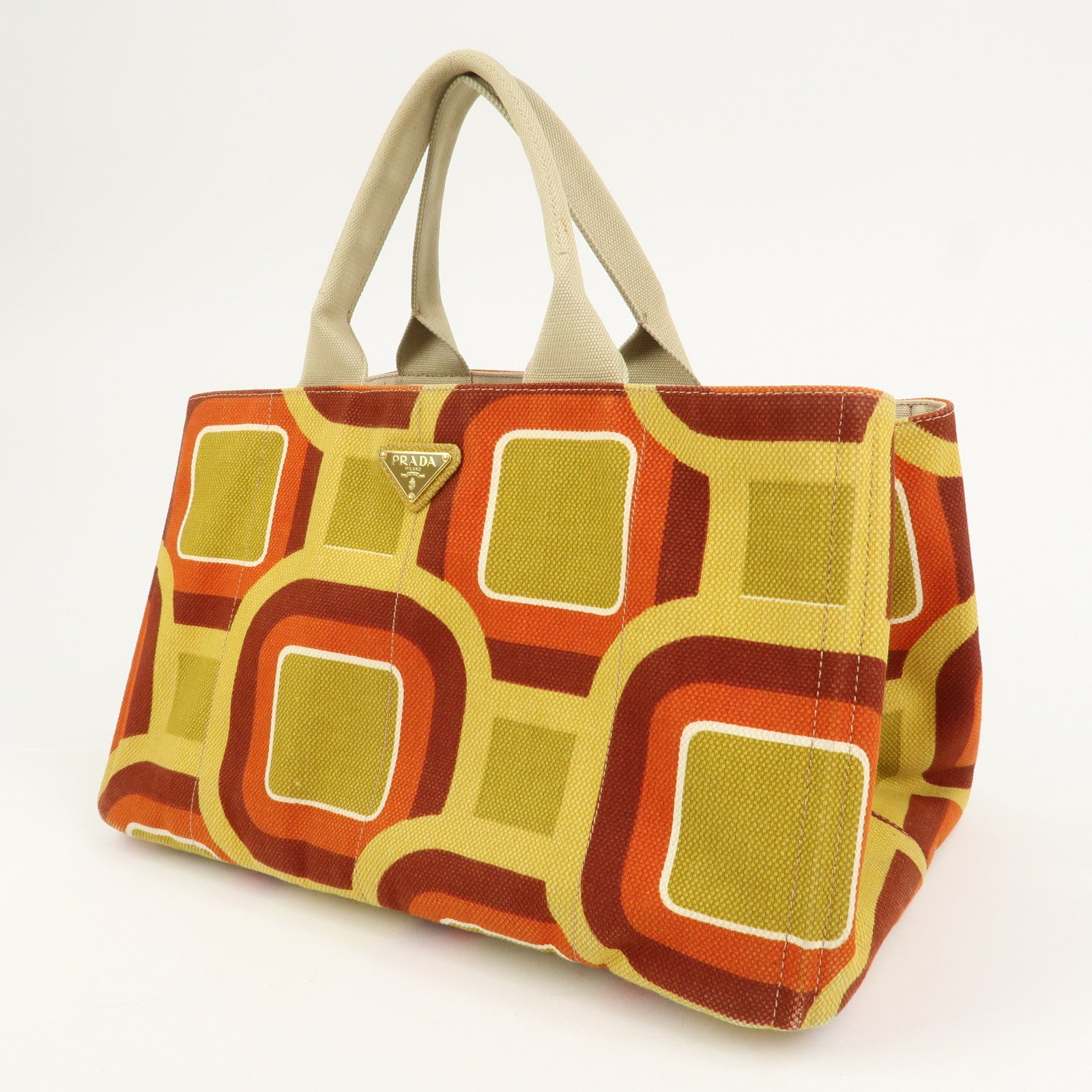 PRADA Triangle Logo Canapa Large Tote Hand Bag Orange Yellow BN1872