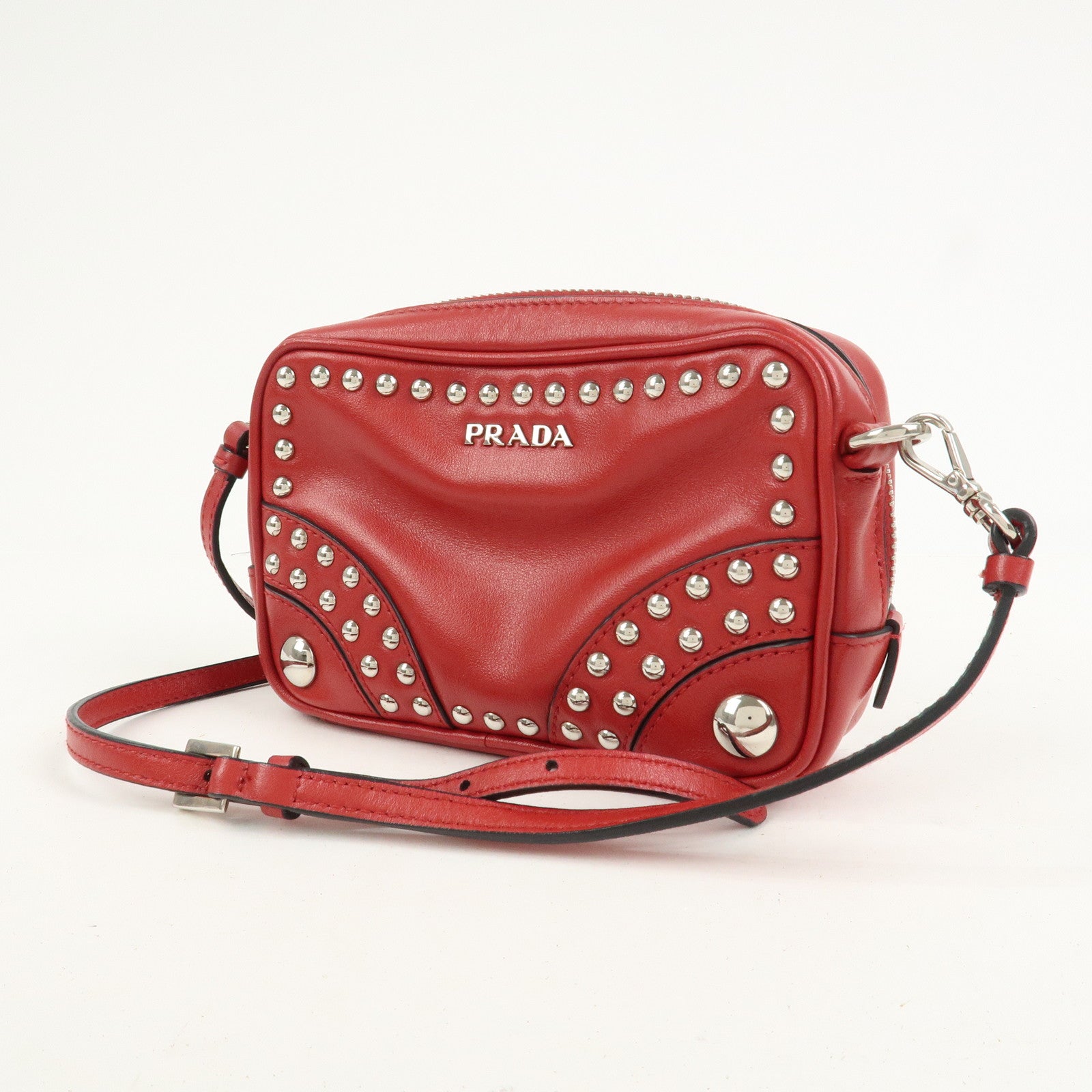 PRADA Logo Leather Mini Shoulder Bag Camera Bag Studs Red 1N1674
