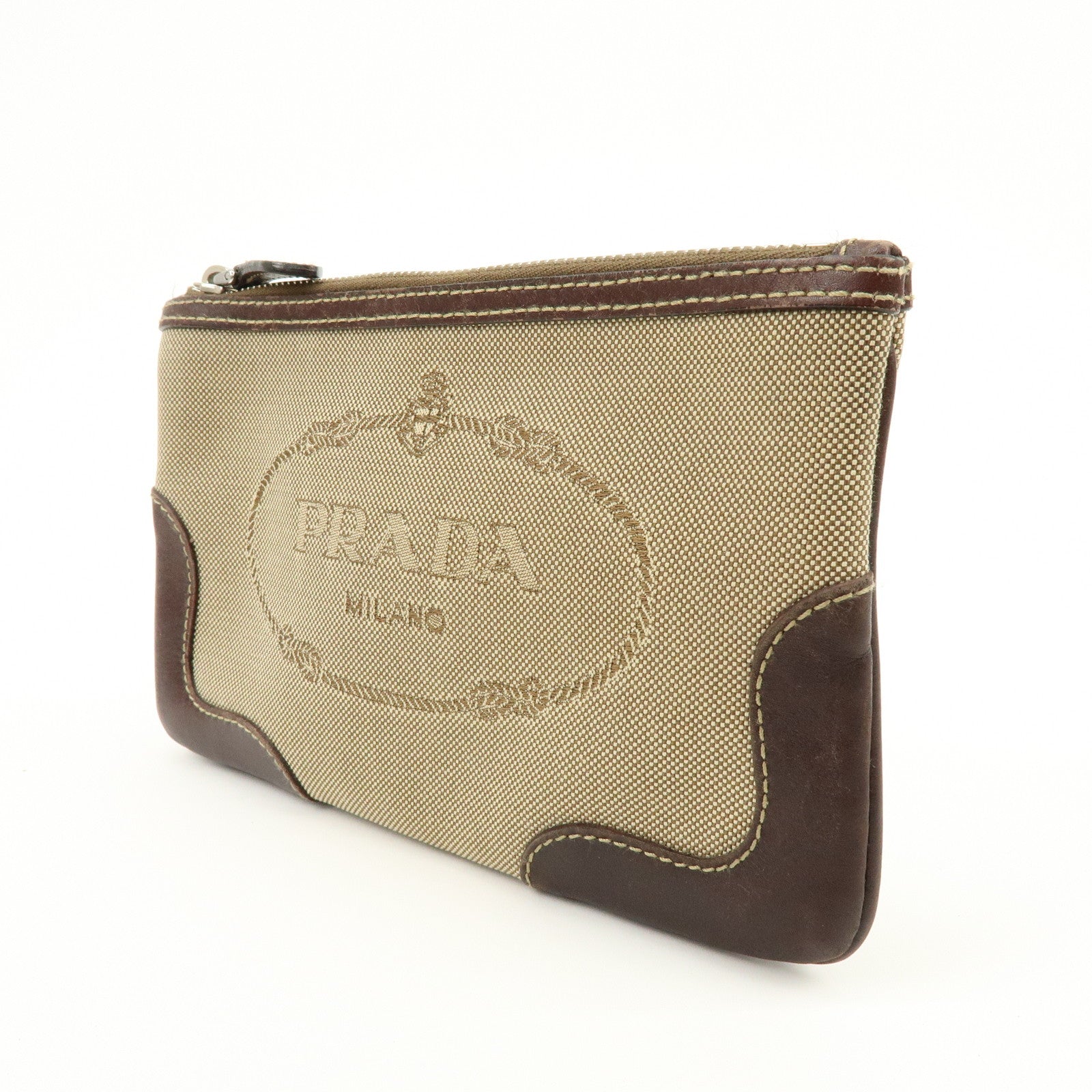 PRADA Logo Jacquard Leather Pouch Cosmetic Case Beige Brown