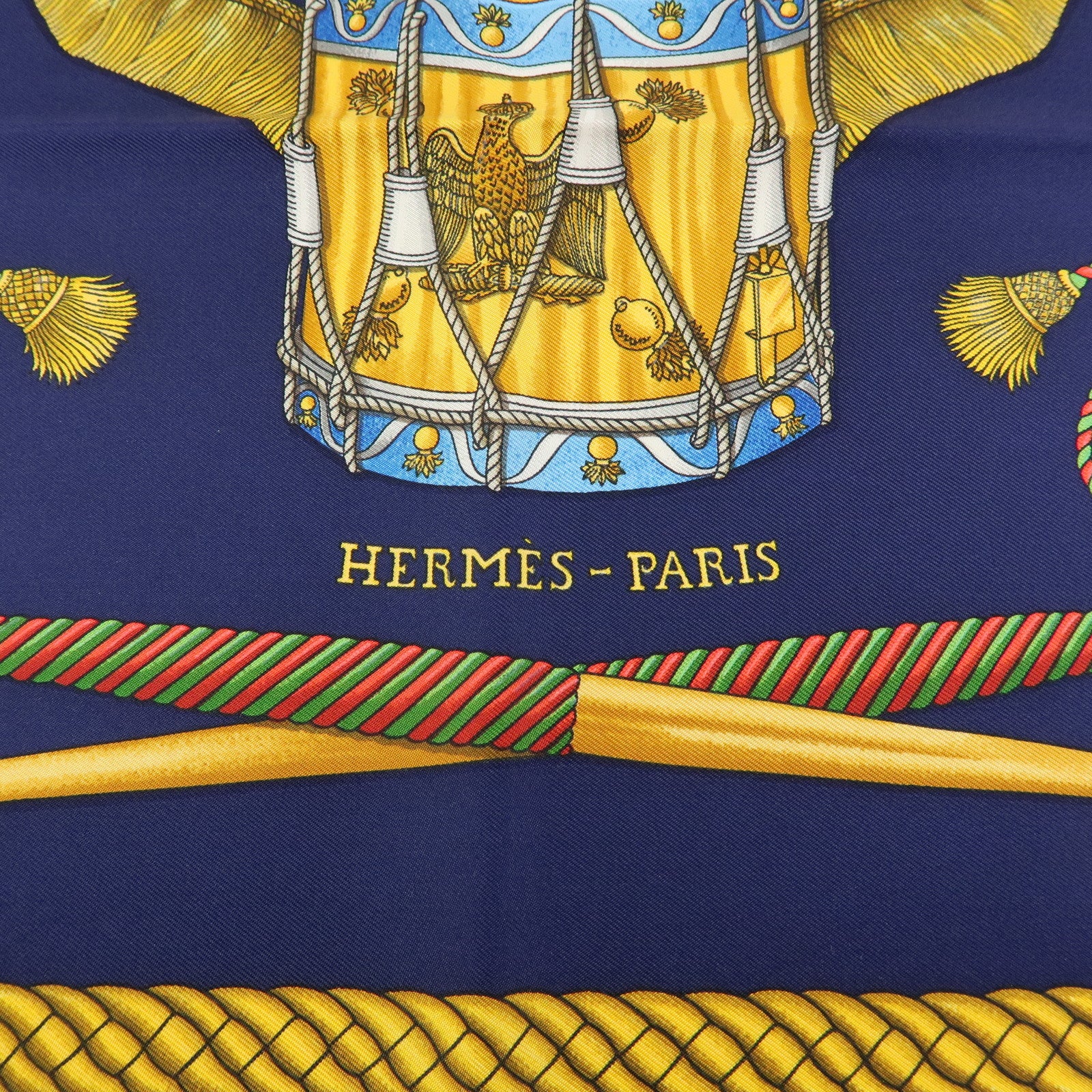 HERMES Carre 90 Silk 100% Scarf  LES TAMBOURS Navy Gold