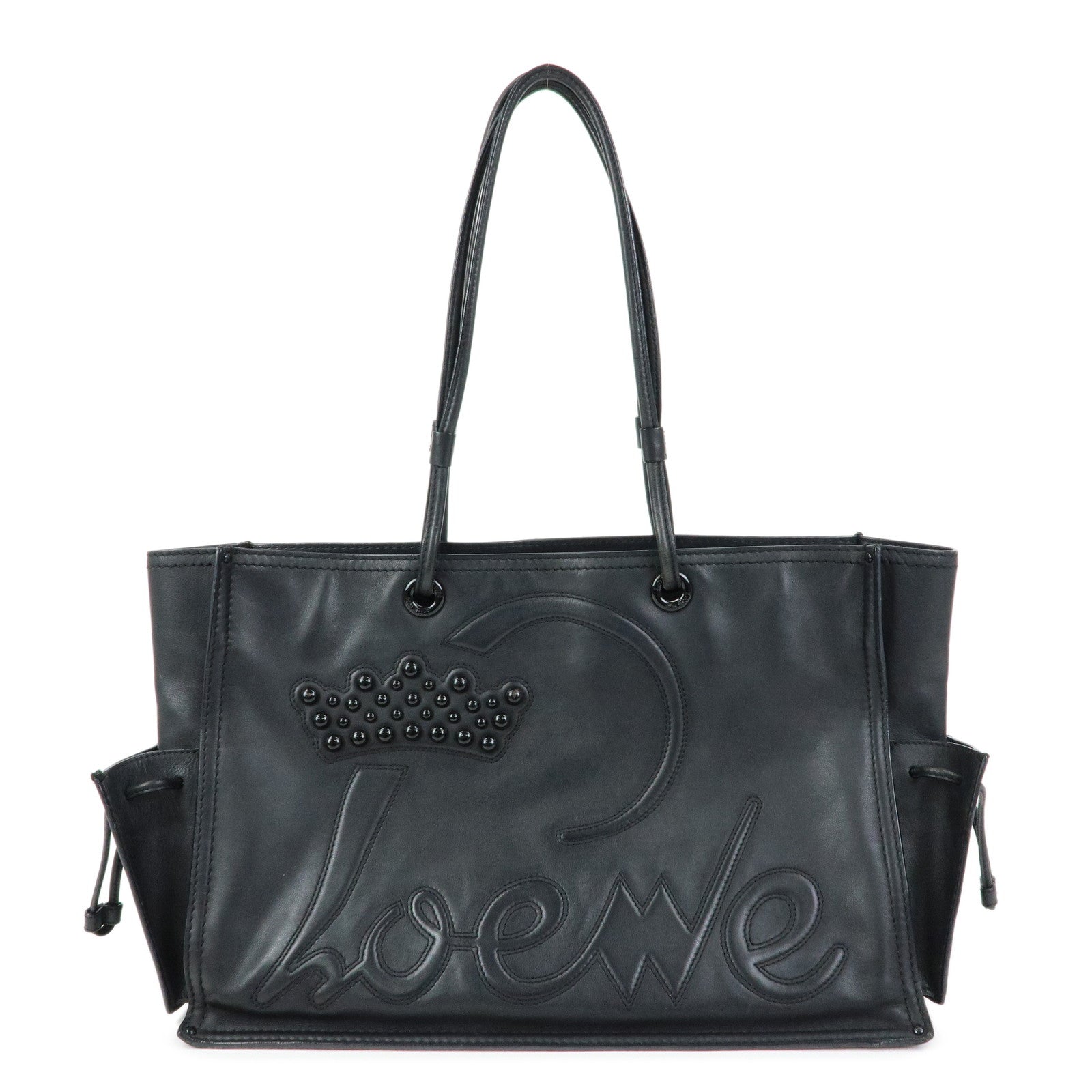 LOEWE Logo Studs Leather Shopper Tote Bag Shoulder Bag Black