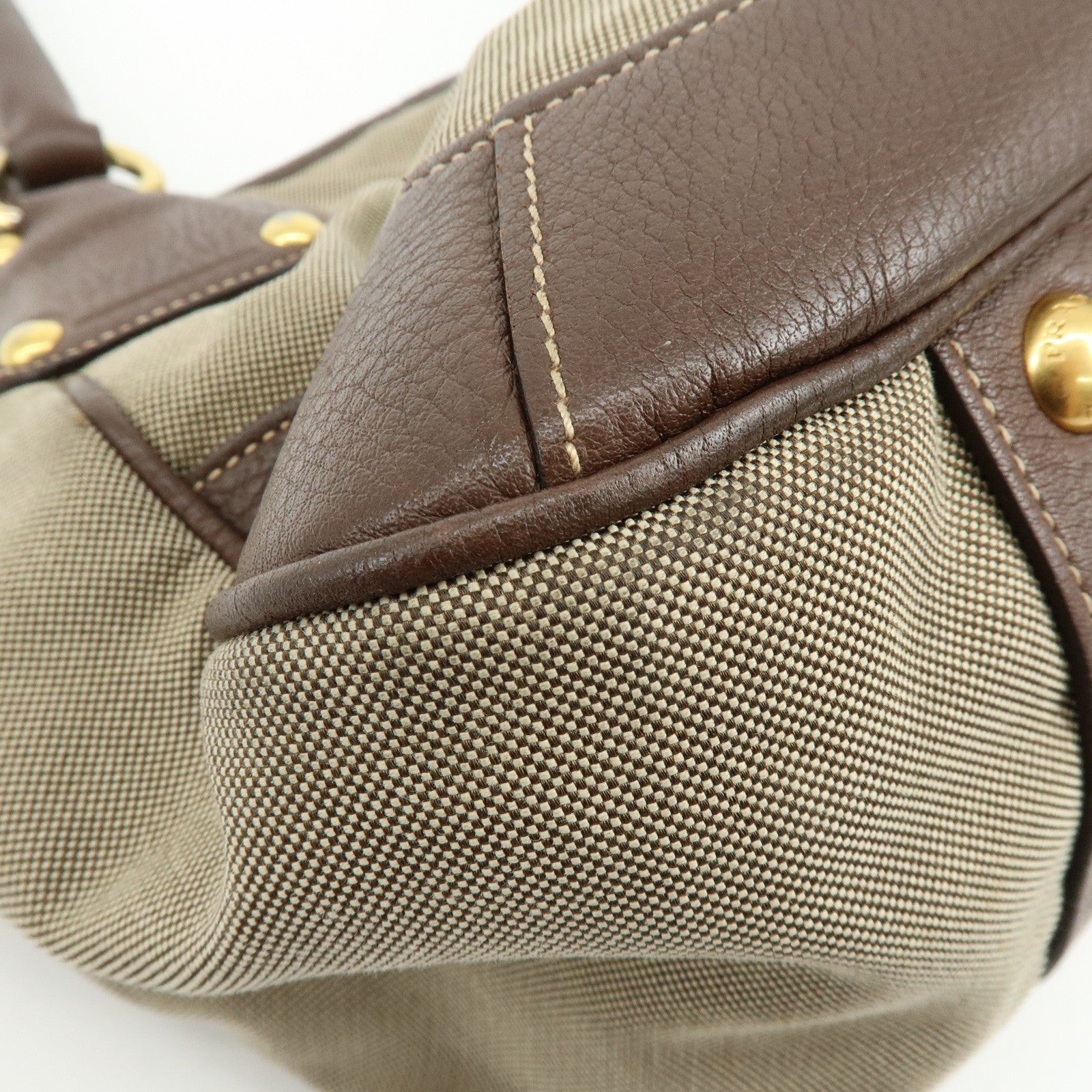 PRADA Logo Jacquard Leather Tote Bag Hand Bag Beige Brown