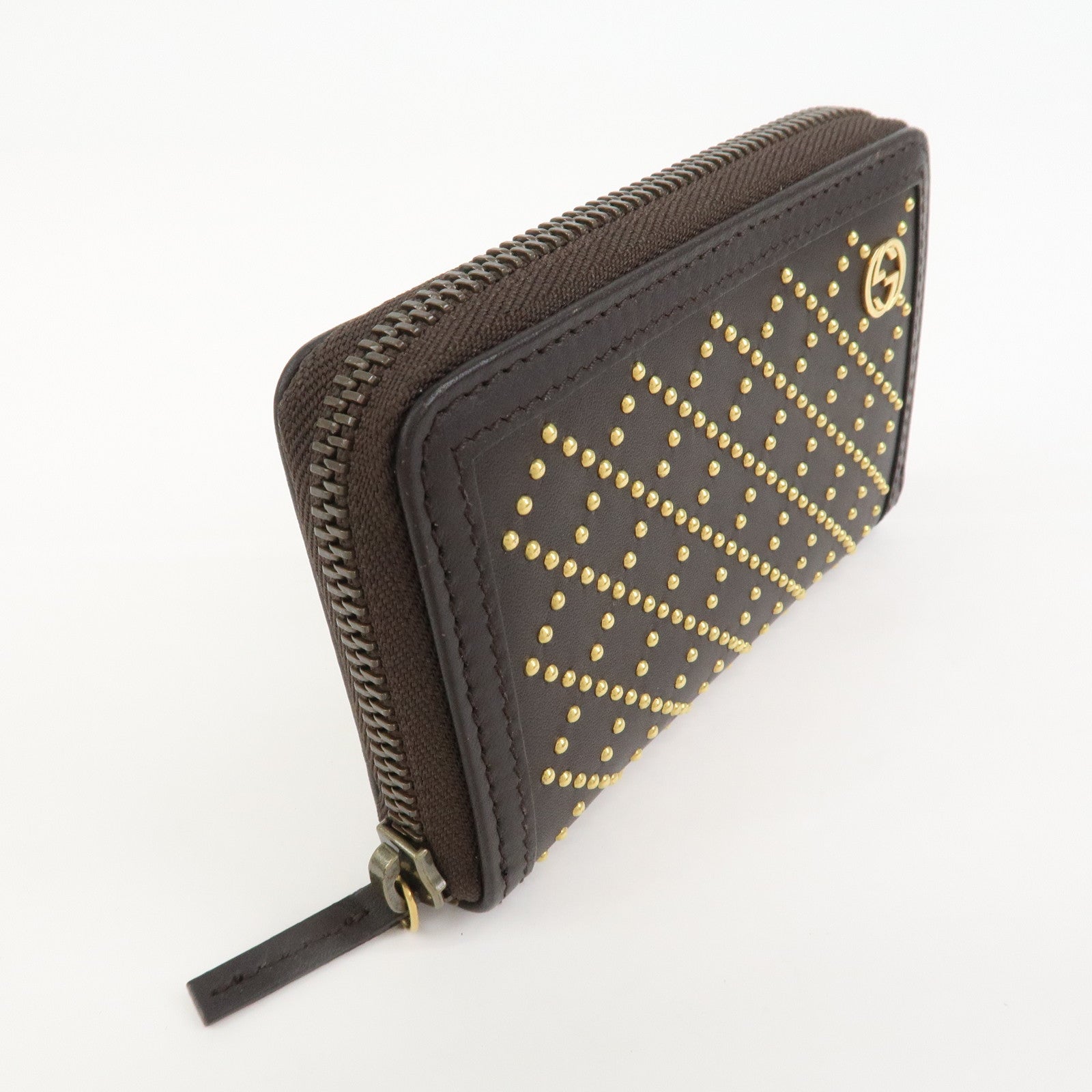 GUCCI Diamante Leather Coin Case Coin Wallet Brown Gold 337689