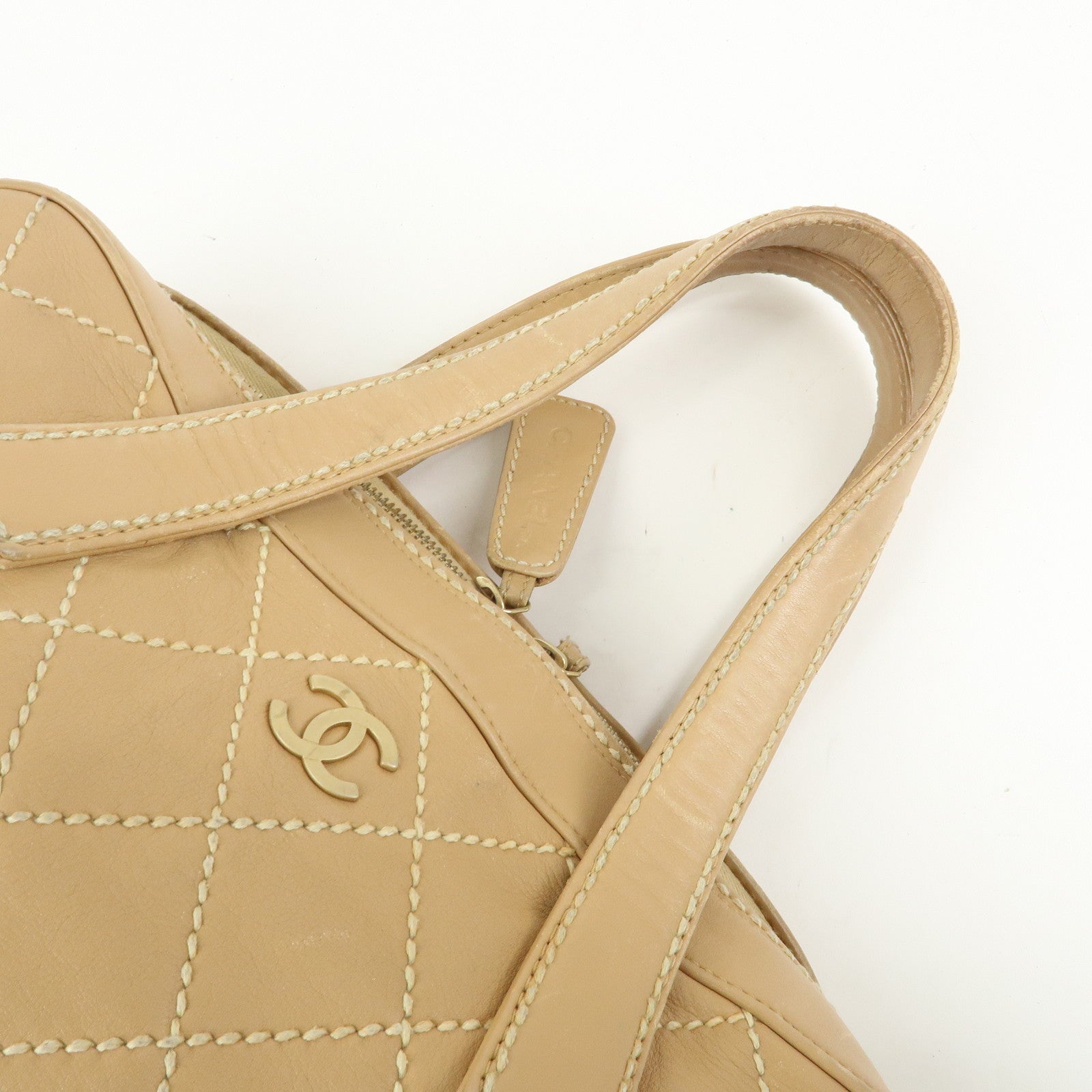 CHANEL Wild Stitch Calf Leather Boston Bag Hand Bag Beige