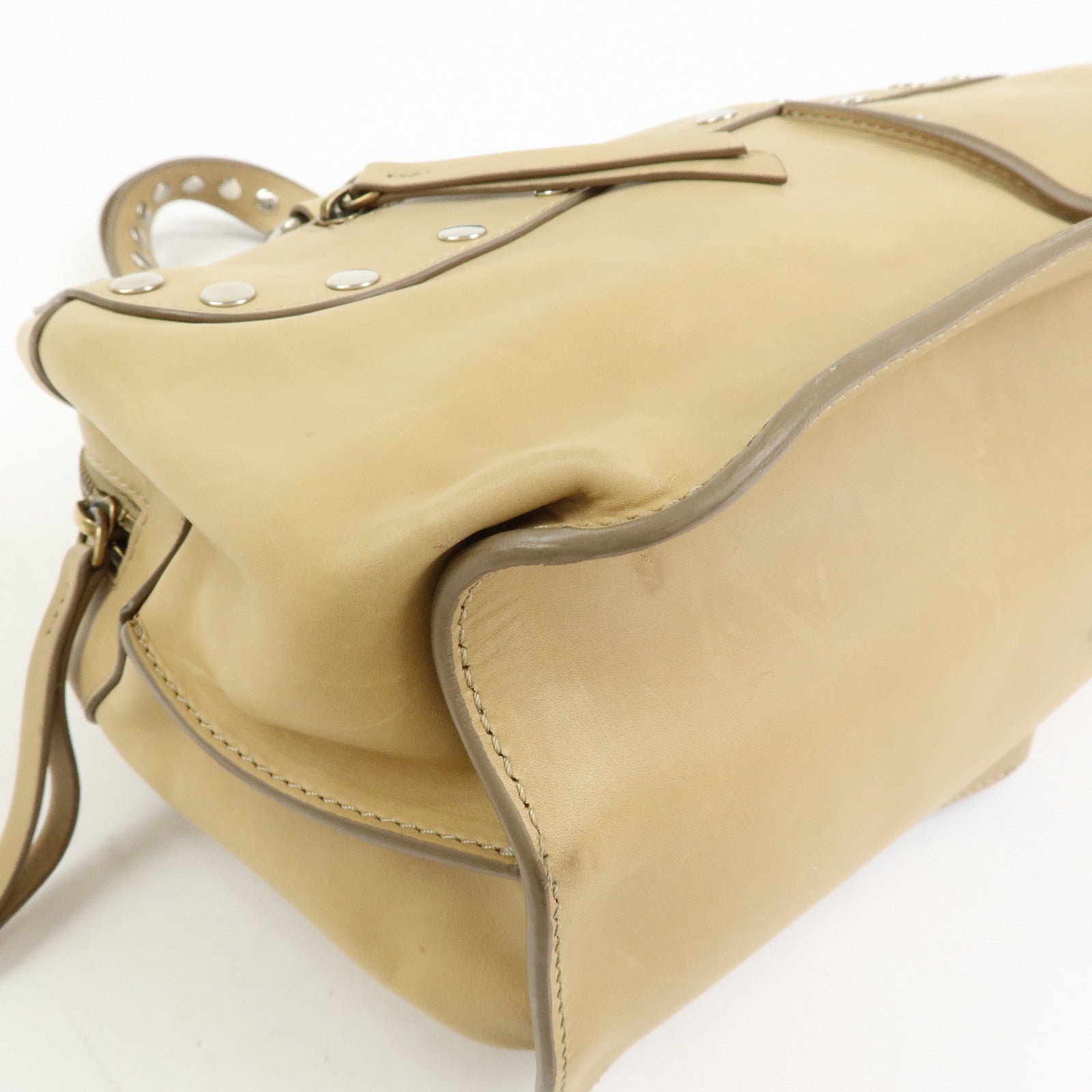 CELINE Leather Hand Bag Bowling Bag Beige Studs