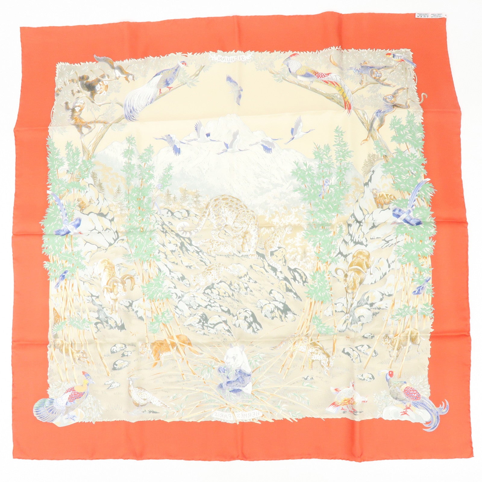 HERMES Carre 90 Silk 100% Scarf Sichuan Province Orange Beige