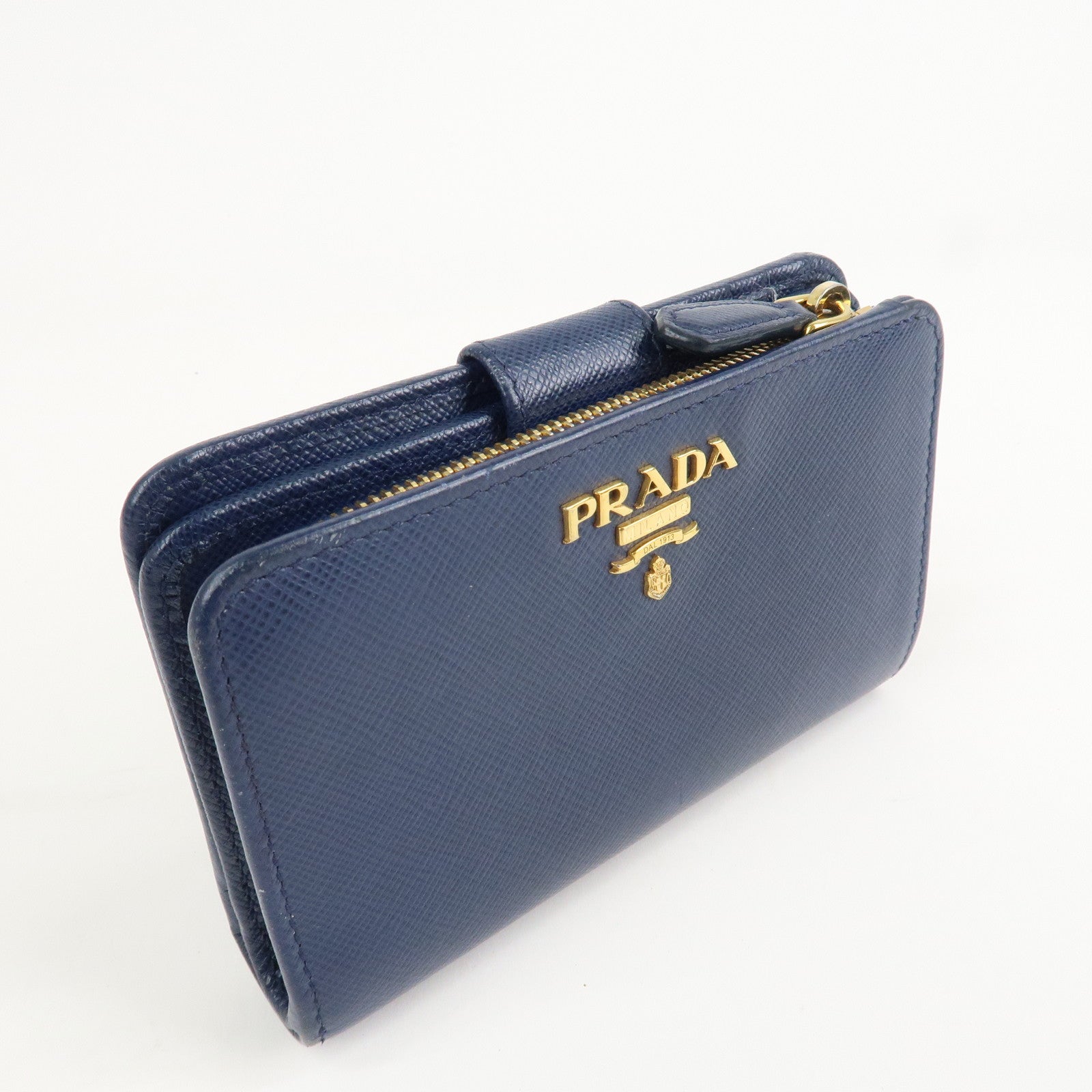 PRADA Logo Saffiano Leather Bi-fold Compact Wallet Navy 1ML018