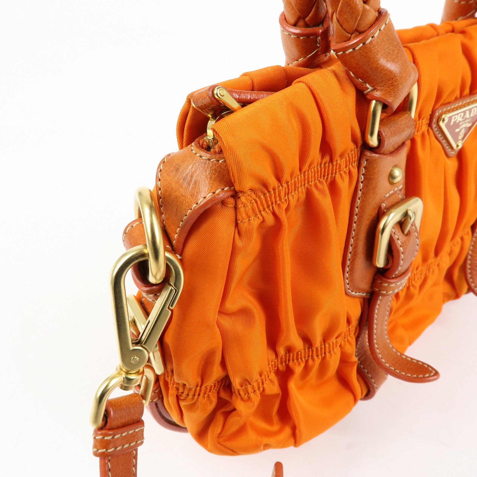 PRADA Triangle Logo Nylon Leather 2Way Bag Hand Bag Orange