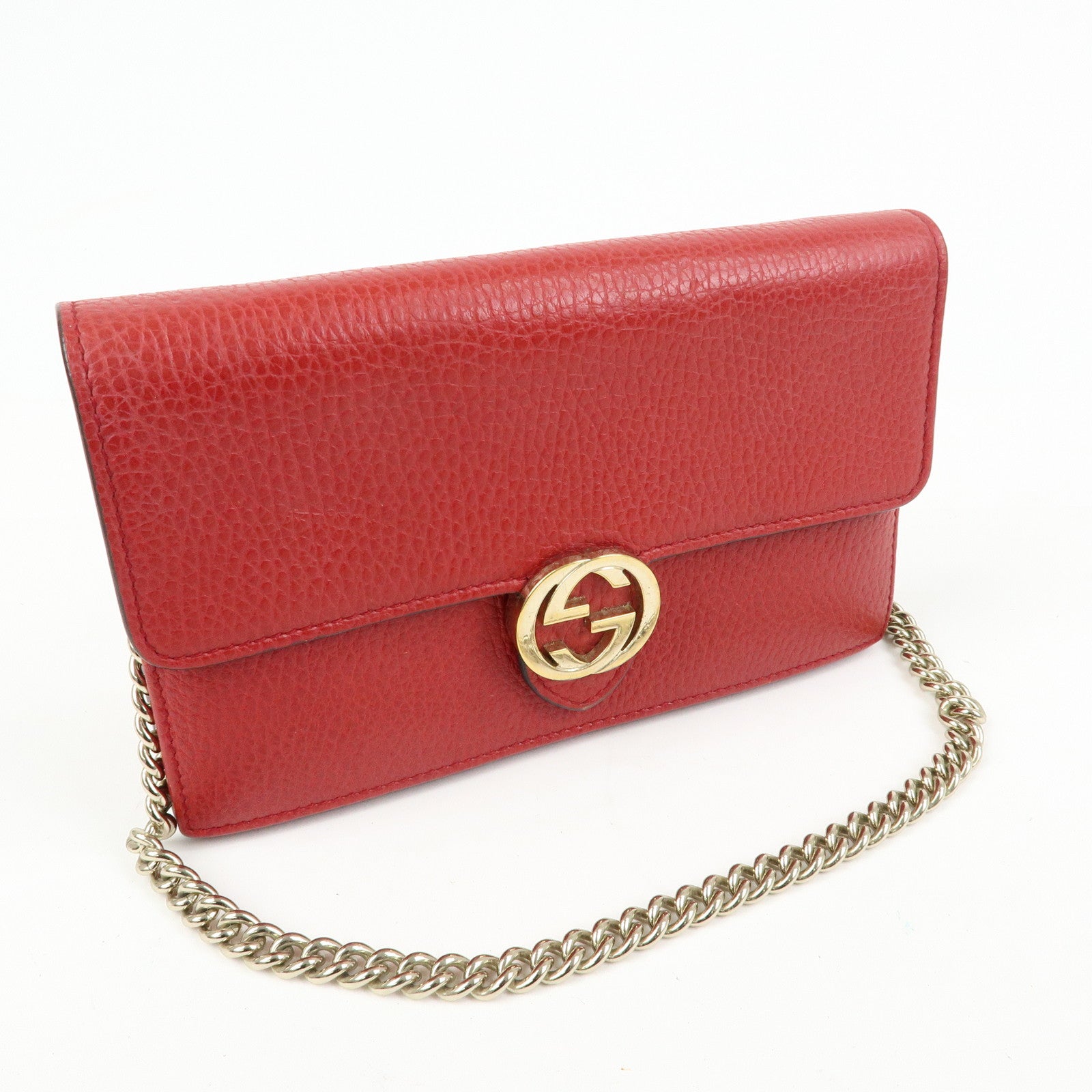 GUCCI Interlocking G Leather Chain Wallet Shoulder Bag Red 510314