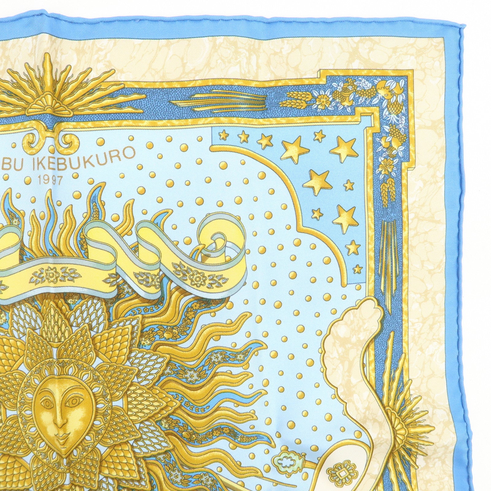 HERMES Petit Carre 40 Silk 100% GLORIA SOL Mini Scarf Beige Blue