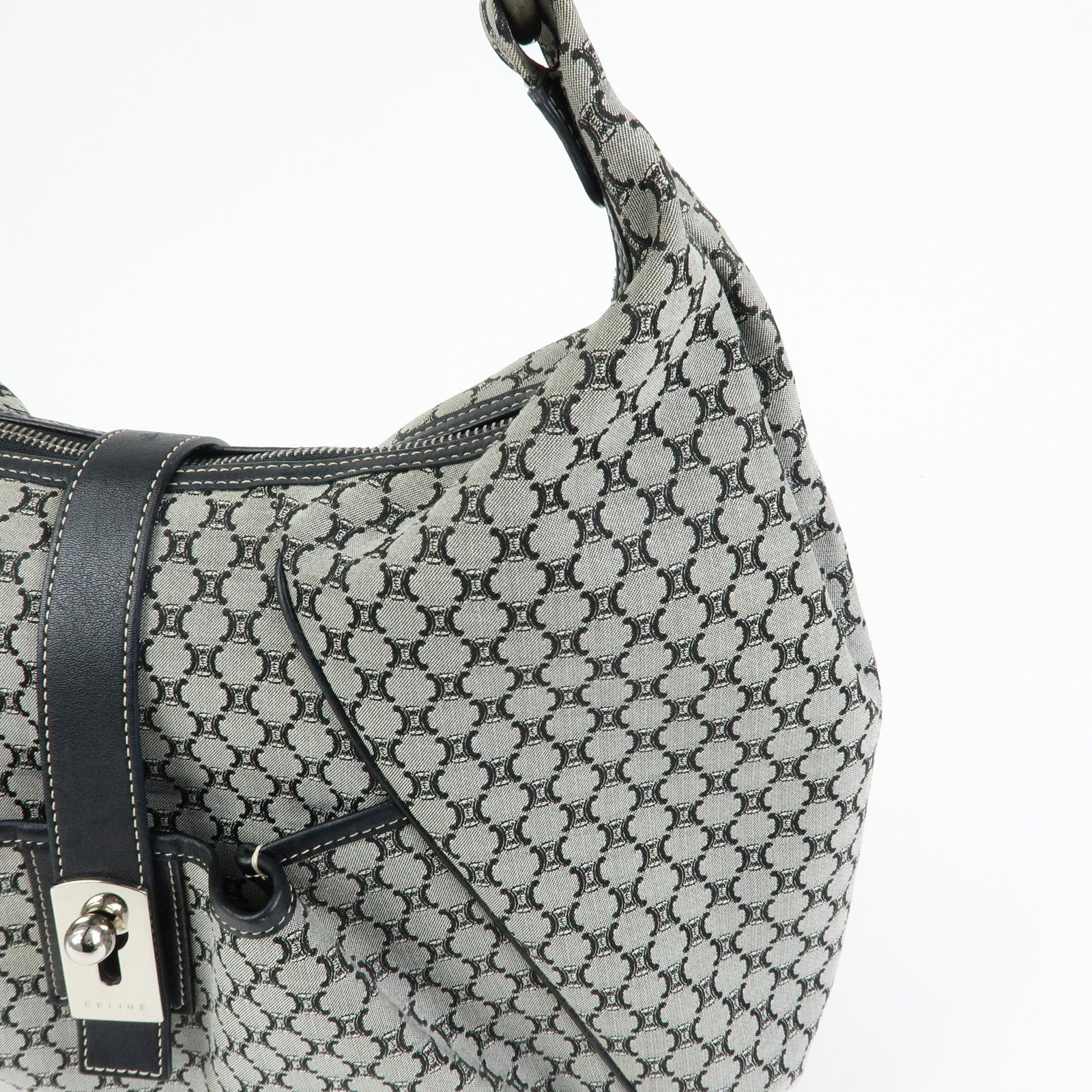 CELINE Macadam Canvas Leather Hand Bag Shoulder Bag Navy
