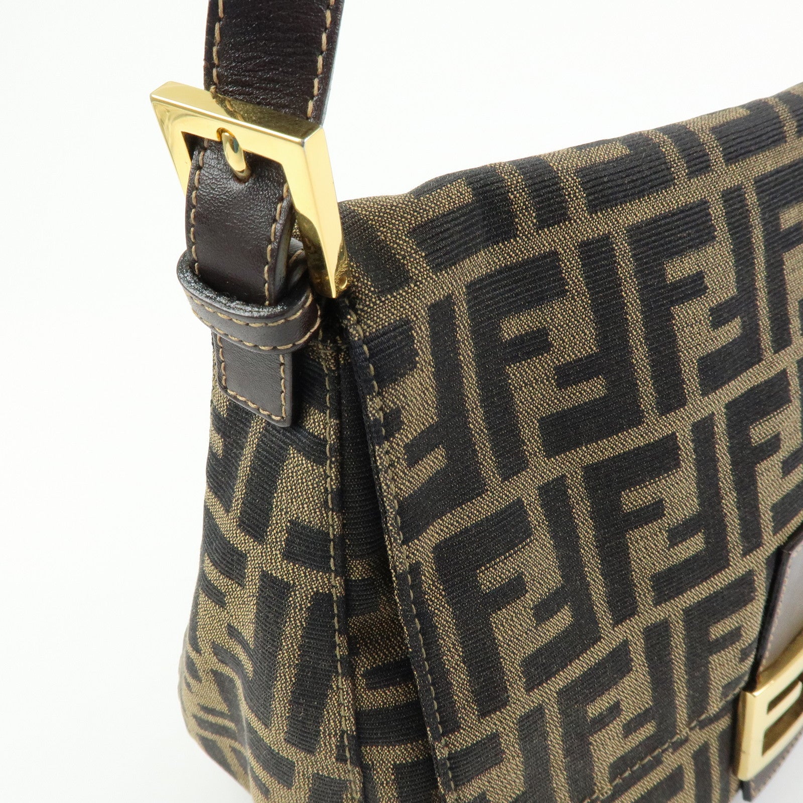 FENDI Mamma Baguette Zucca Canvas Leather Shoulder Bag Brown 26325