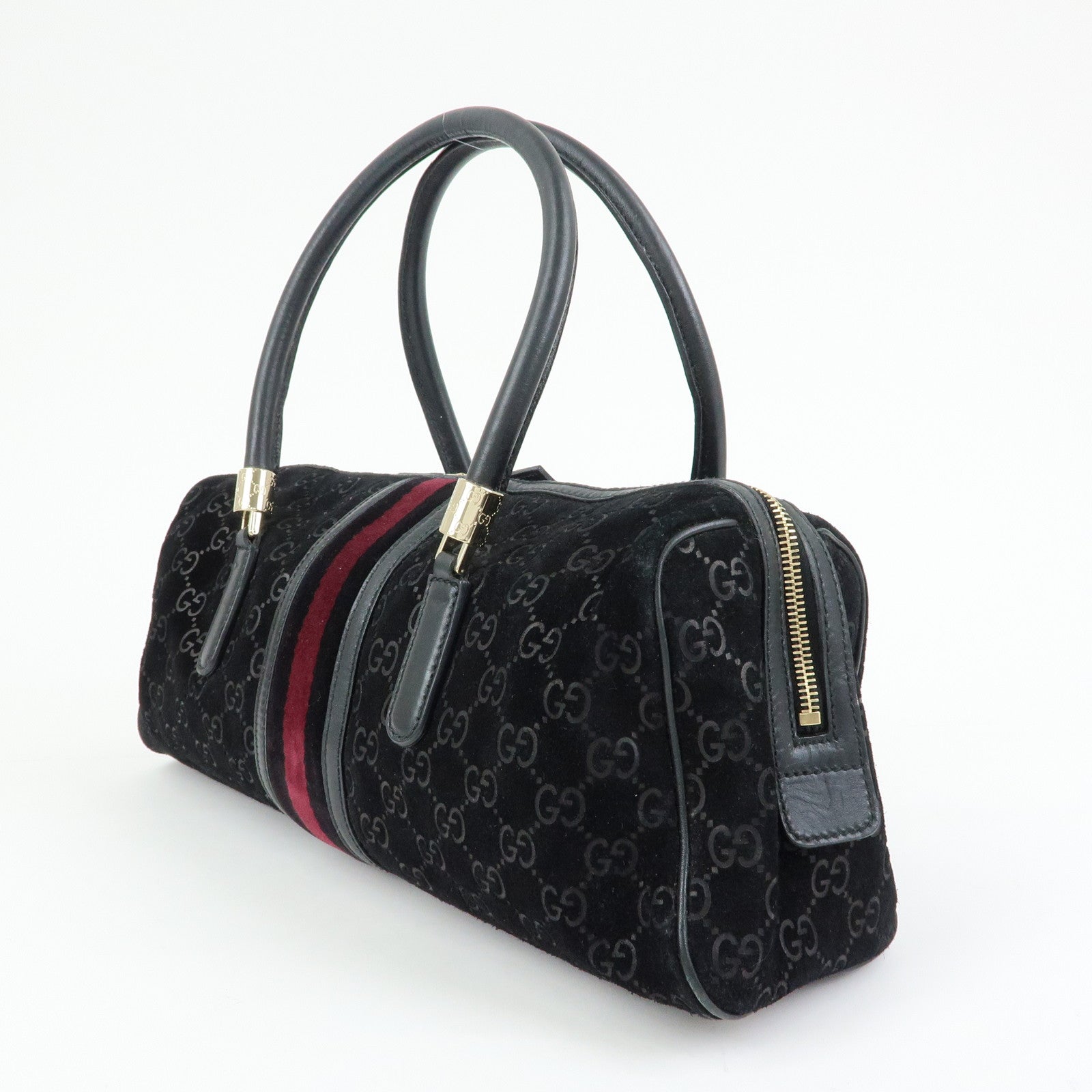 GUCCI GG Suede Leather Boston Bag Hand Bag Black Bordeaux 162739