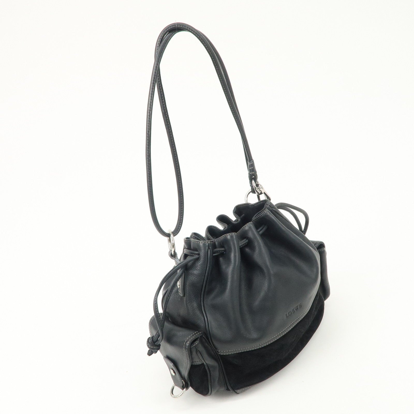 LOEWE Anagram Leather Suede Shoulder Bag Black Silver Used