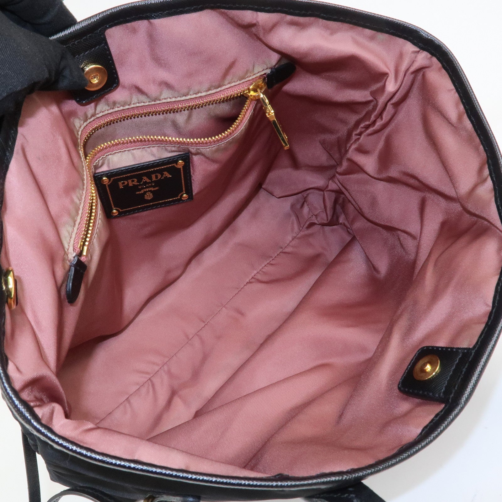 PRADA Logo Nylon Saffiano Leather Tote Bag Shoulder Bag Black