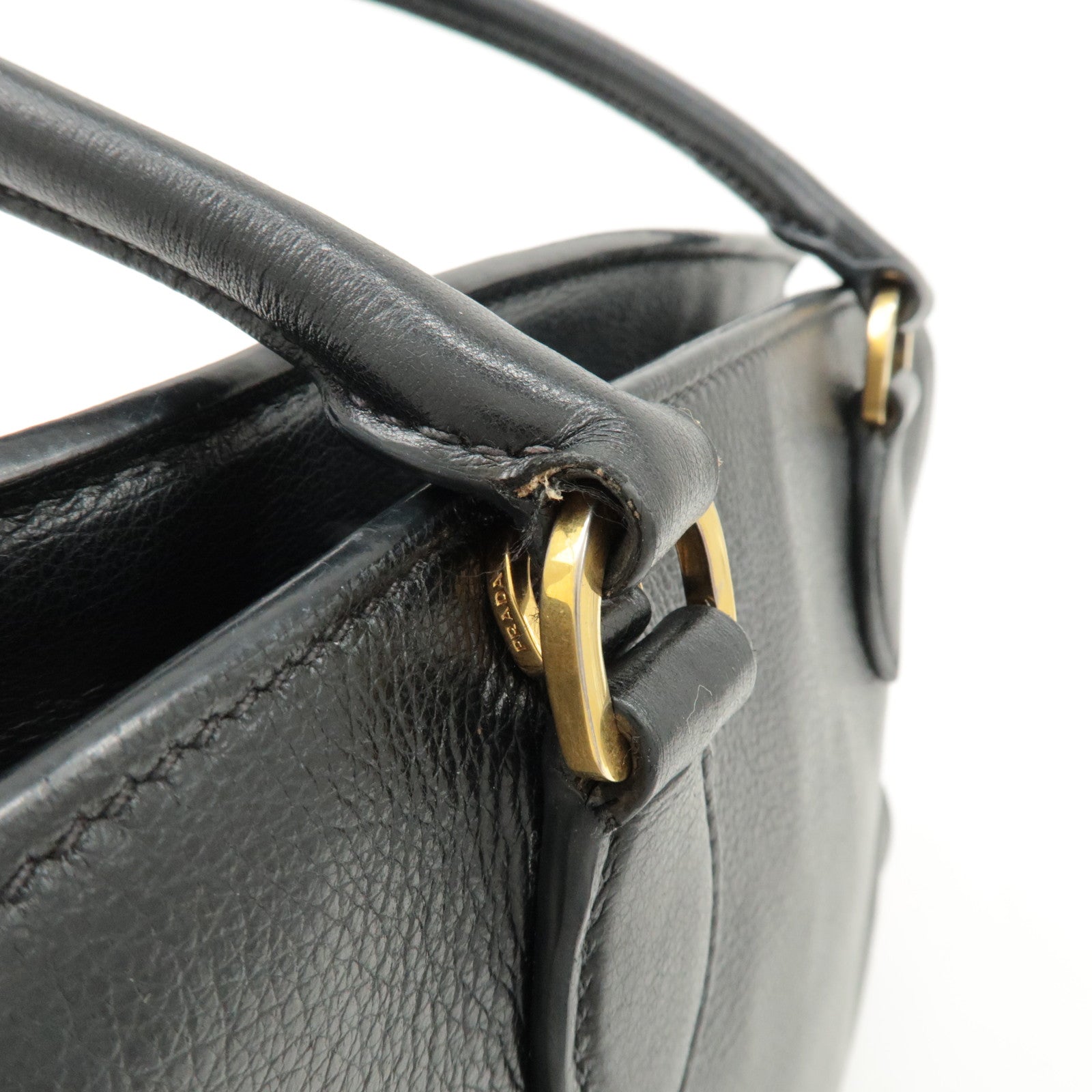 PRADA Leather 2Way Bag Shoulder Hand Bag Black Gold Used