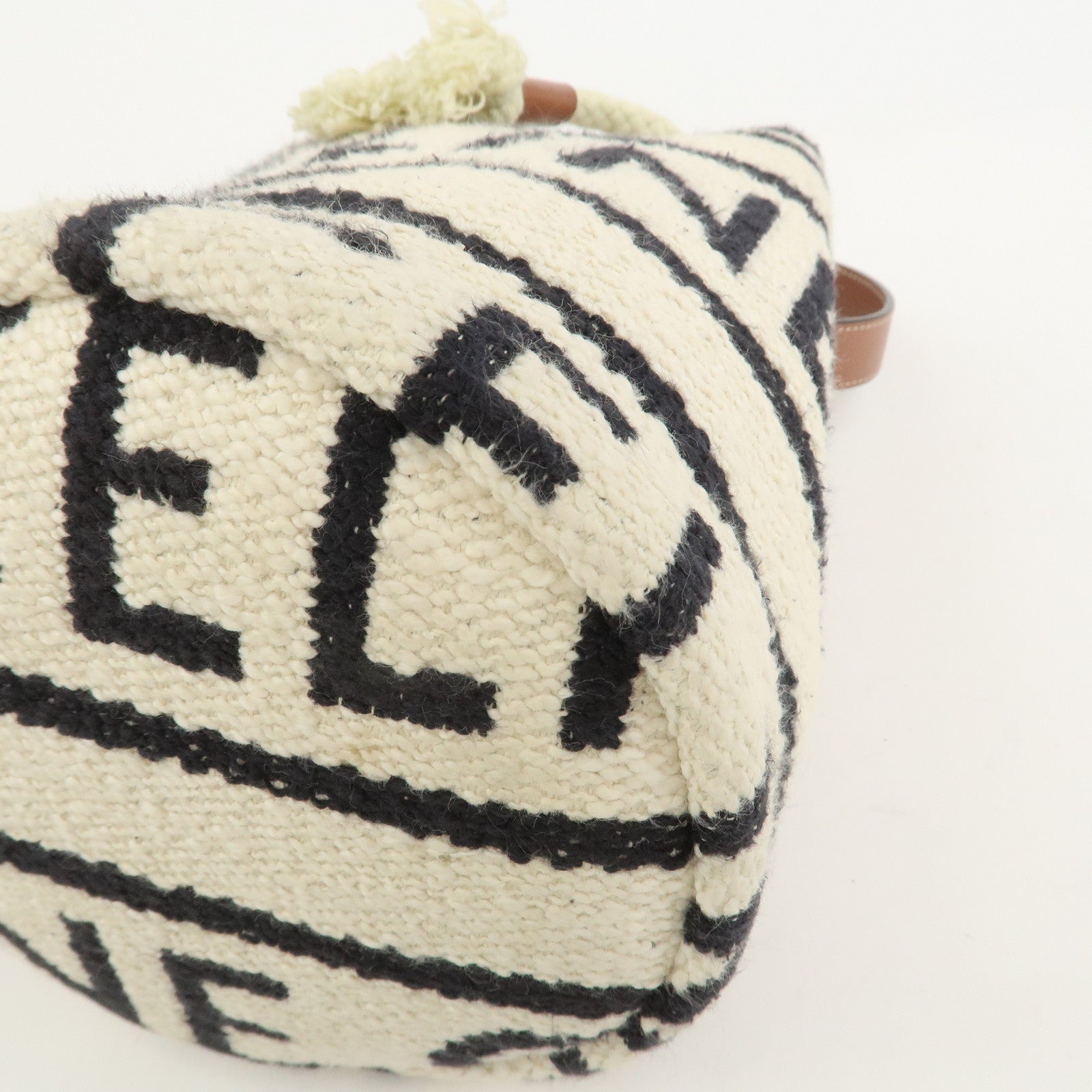 CELINE Teen Drawstring Canvas Leather Hand Bag Natural Brown