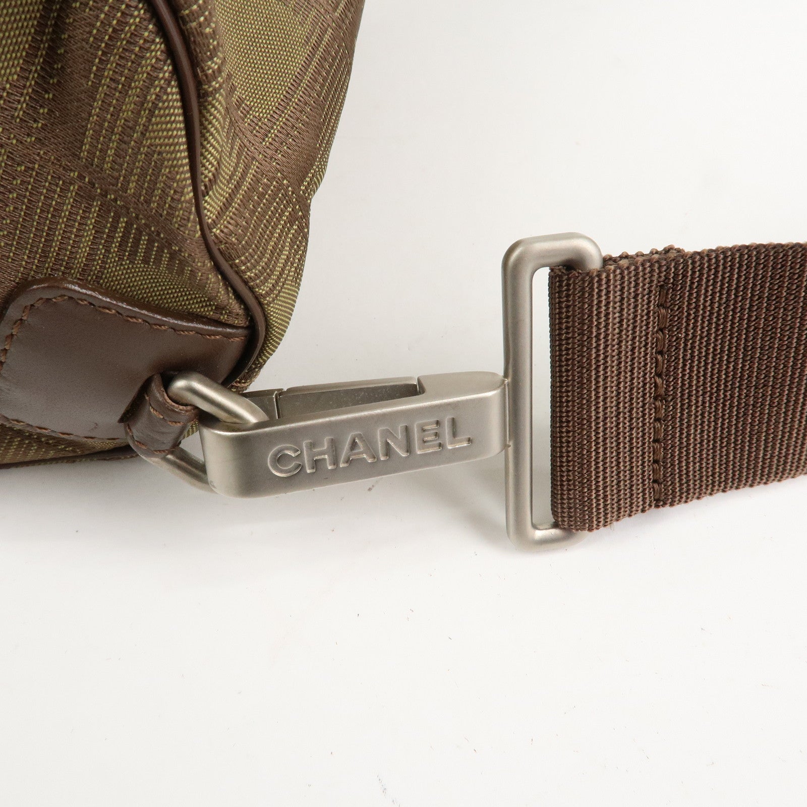 CHANEL New Travel Line Nylon Jacquard Shoulder Bag Khaki Used