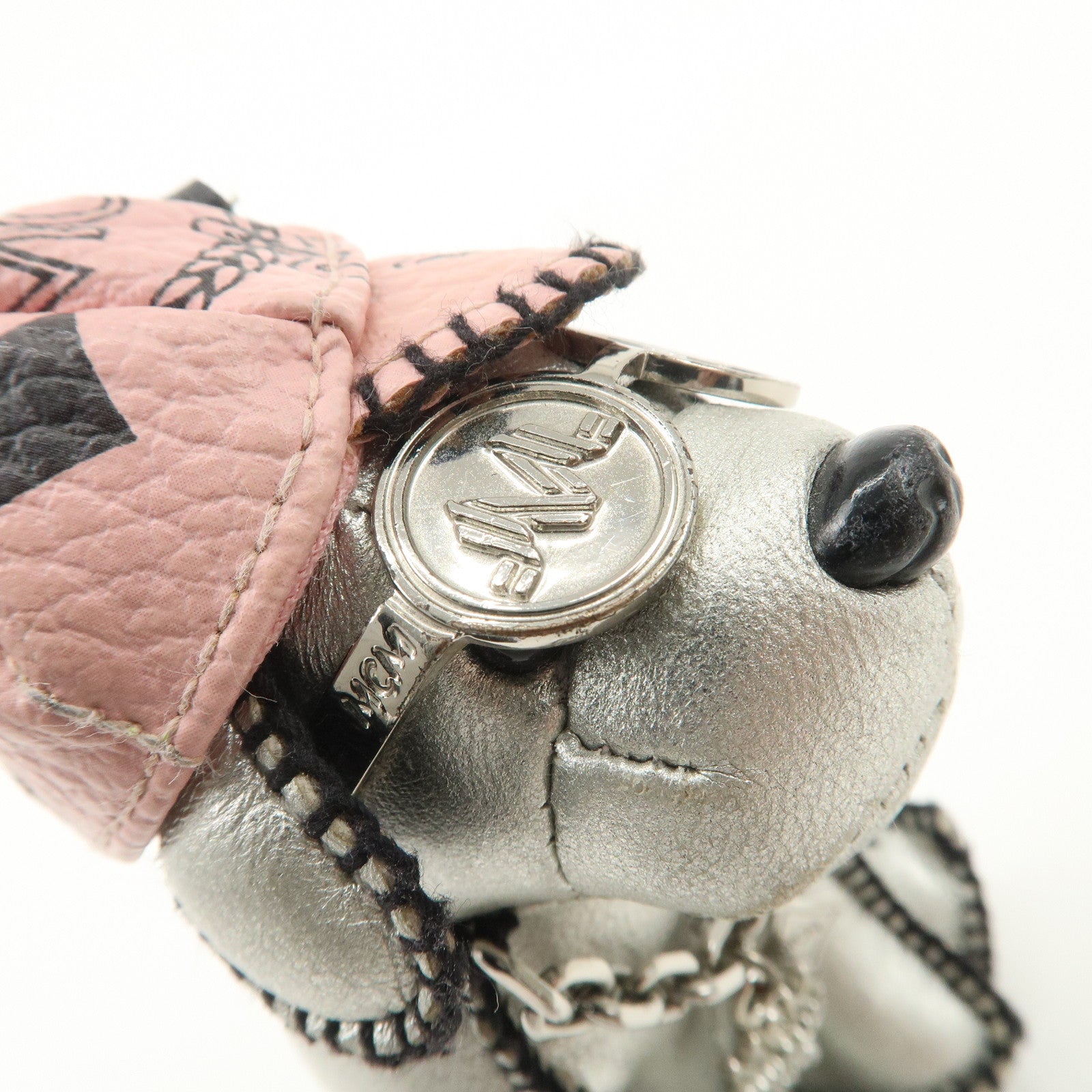 MCM Dog Motif Leather Bag Charm Key Chain Silver Pink