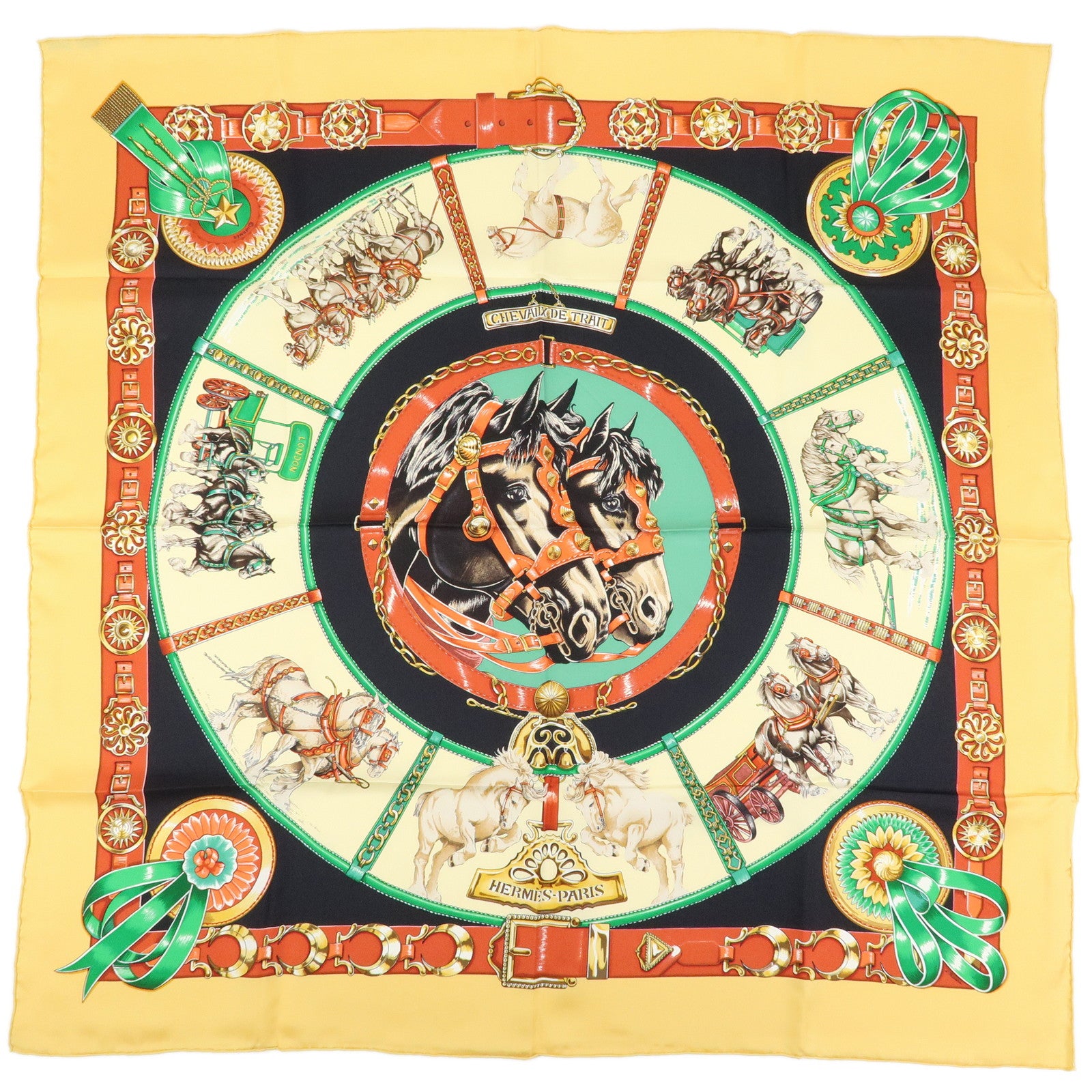 HERMES Carre 90 Silk 100% Scarf CHEVAUX DE TRAIT Black Beige