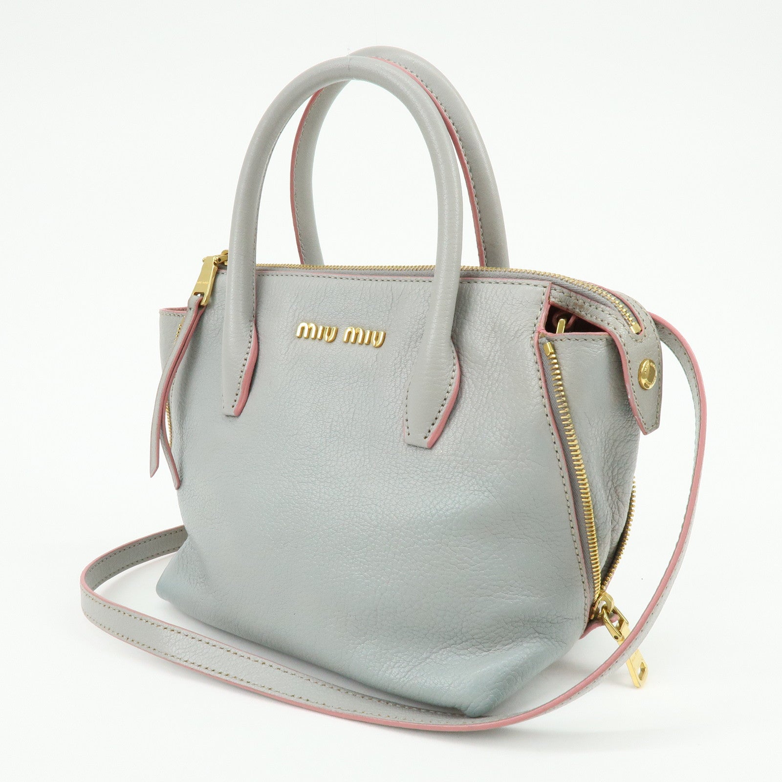 MIU MIU Madras Leather 2Way Bag Hand Bag Gray Pink 5BA003