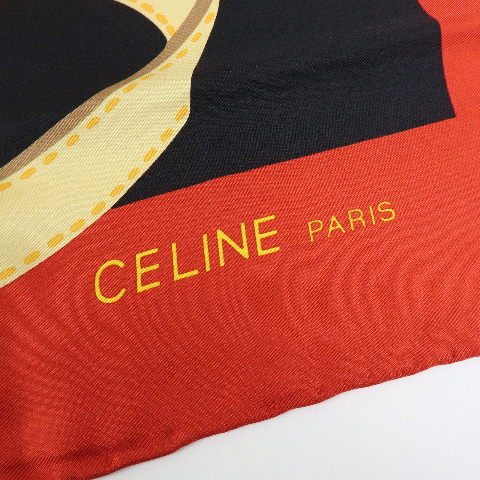 CELINE Silk 100% Scarf Flower Belt Motif Black Red Gold