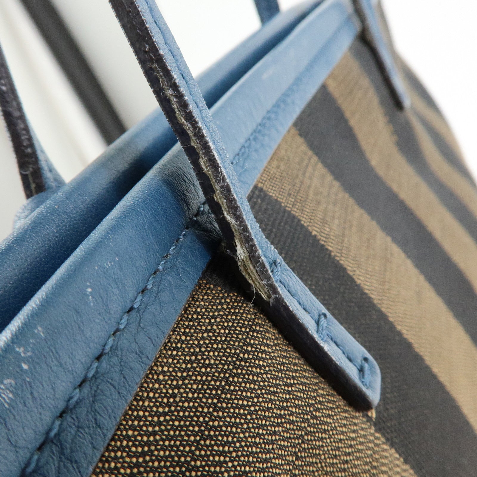 FENDI Pequin Canvas Leather Tote Bag Shoulder Bag Brown Navy 8BH185