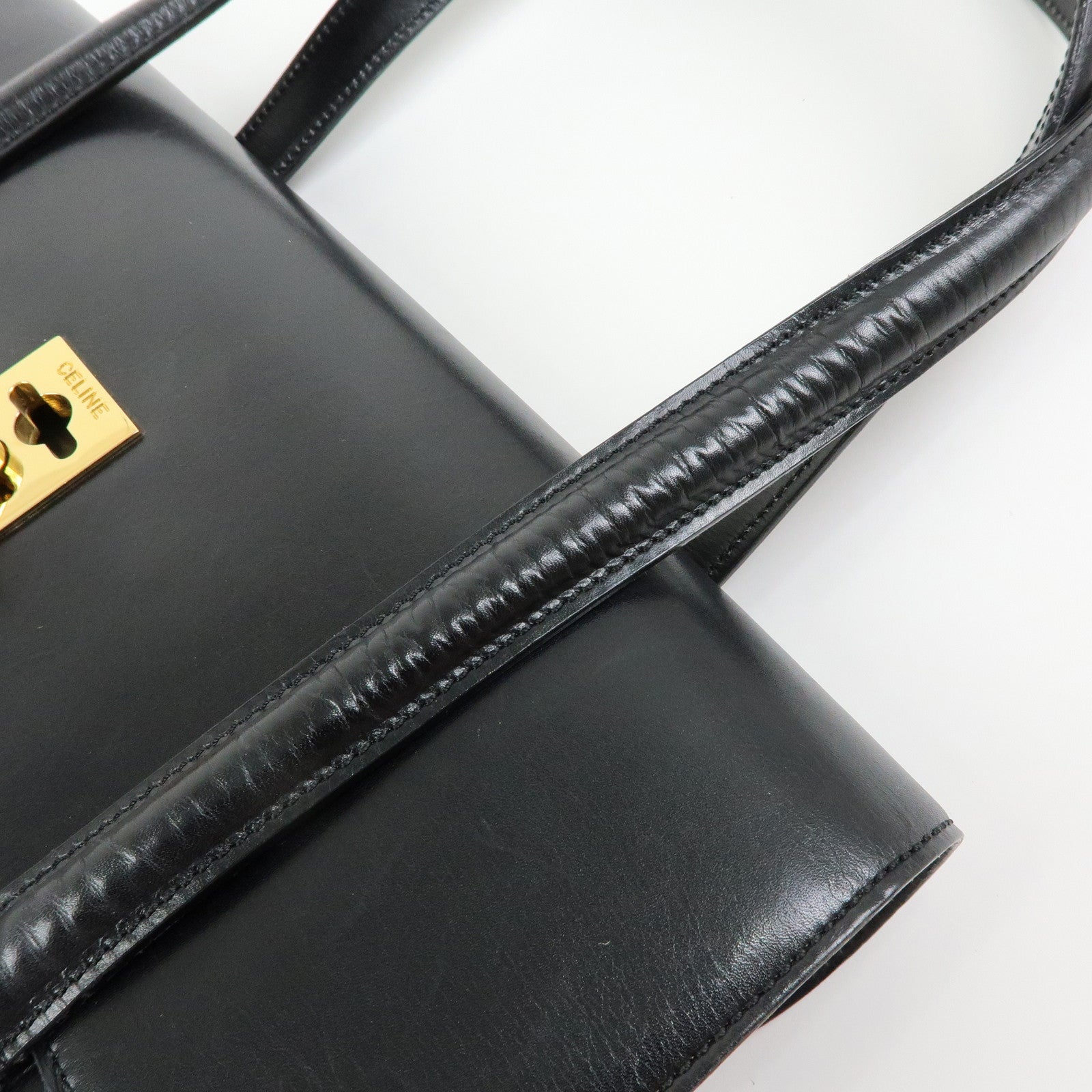 CELINE Leather Chain Lock Tote Bag Shoulder Bag Hand Bag Black