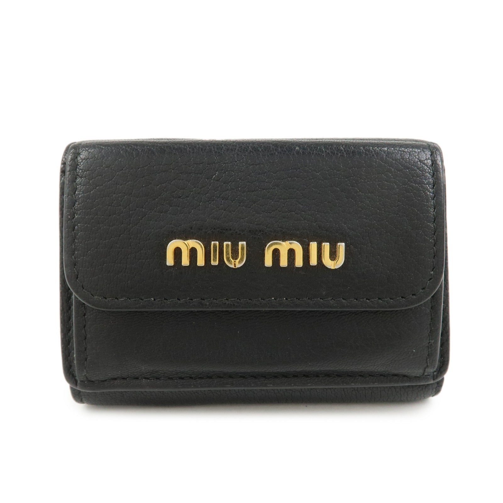 MIU MIU Logo Leather Tri-fold Compact Wallet Black 5MH020