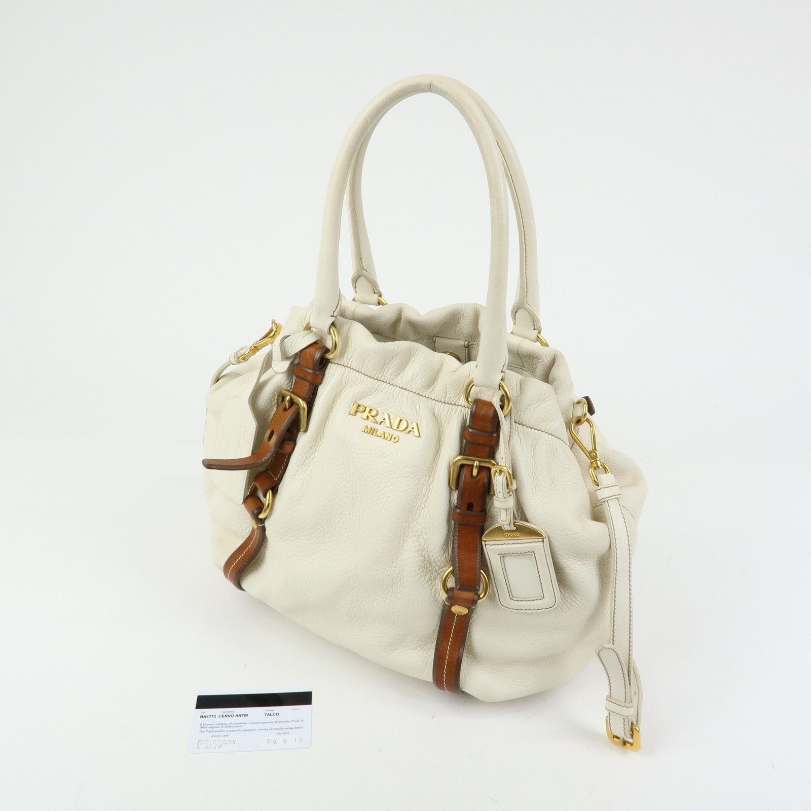 PRADA Leather 2Way Bag Hand Bag Shoulder Bag Ivory Brown BN1773
