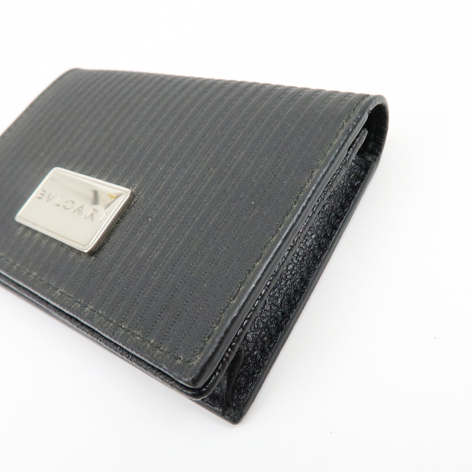 BVLGARI Millerighe Set of 2 PVC Leather Card Case Key Case Black