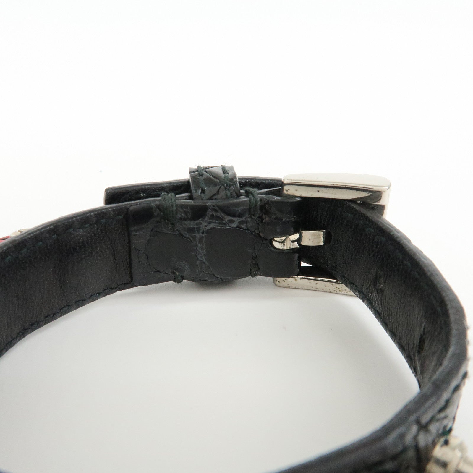 PRADA Patent Saffiano Leather Heart Flower Bear Bracelet Black