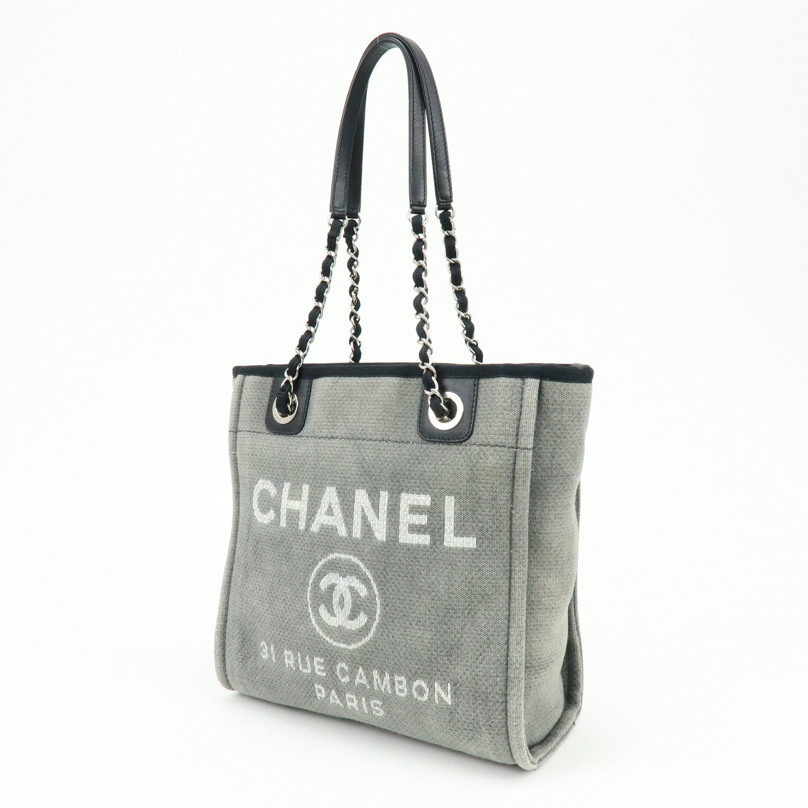 CHANEL Deauville PM Canvas Leather Chain Tote Bag Grey A66939