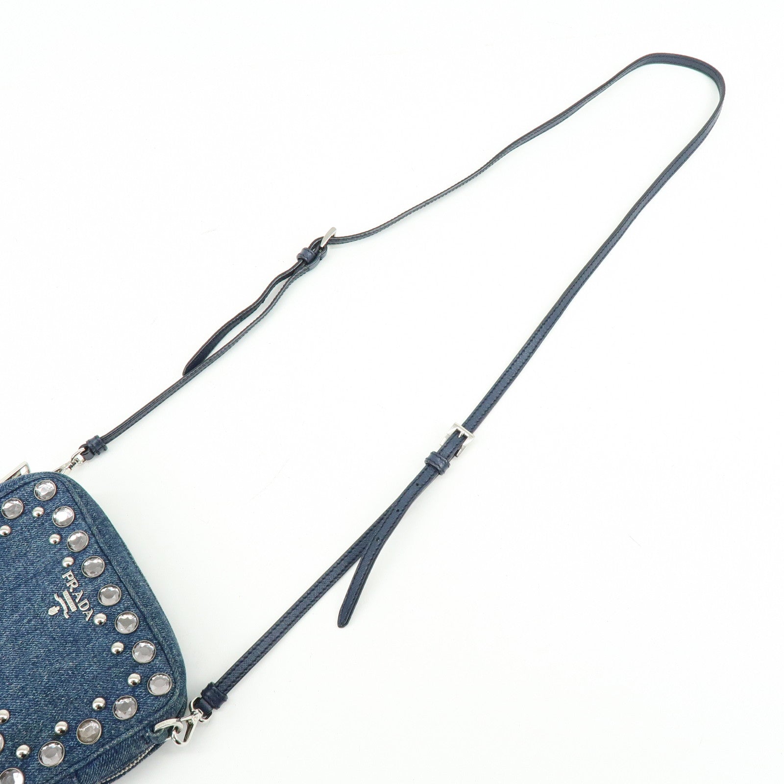 PRADA Logo Denim Shoulder Bag Crossbody Bag Rhinestone Blue