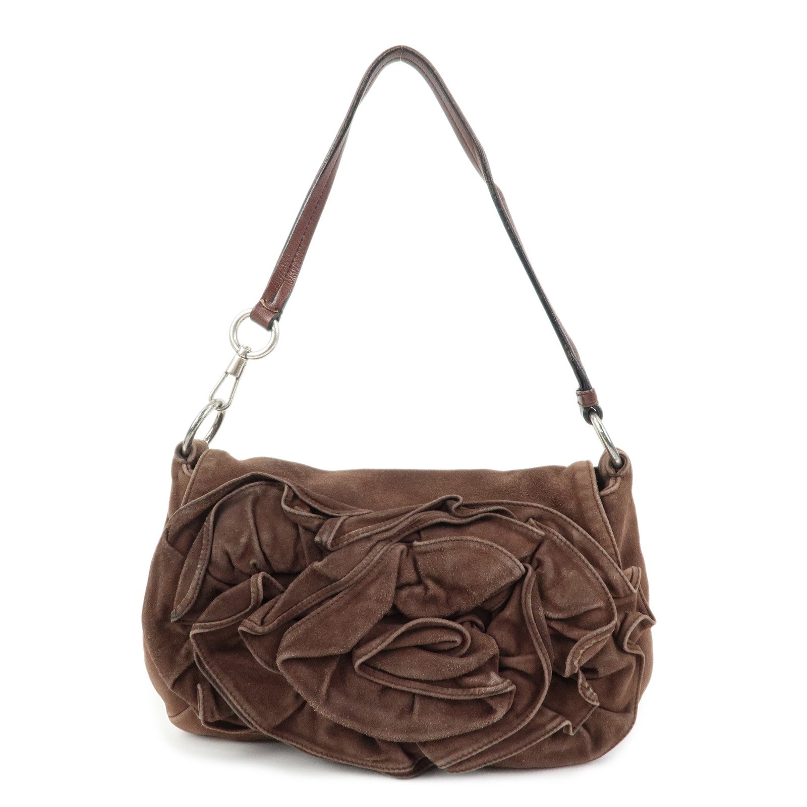 SAINT LAURENT PARIS YSL Naja Flower Suede Shoulder Bag Brown