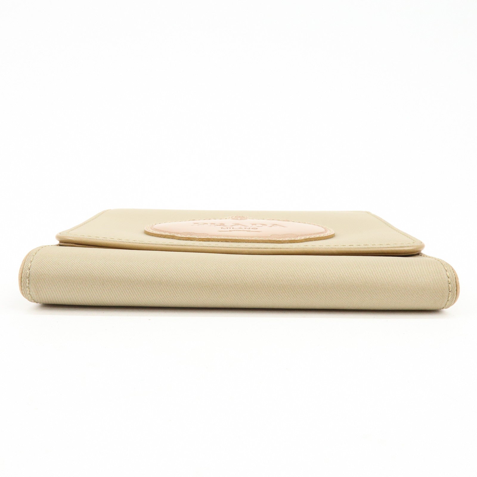 PRADA Logo Nylon Leather Compact Trifold Wallet Beige 1M0170