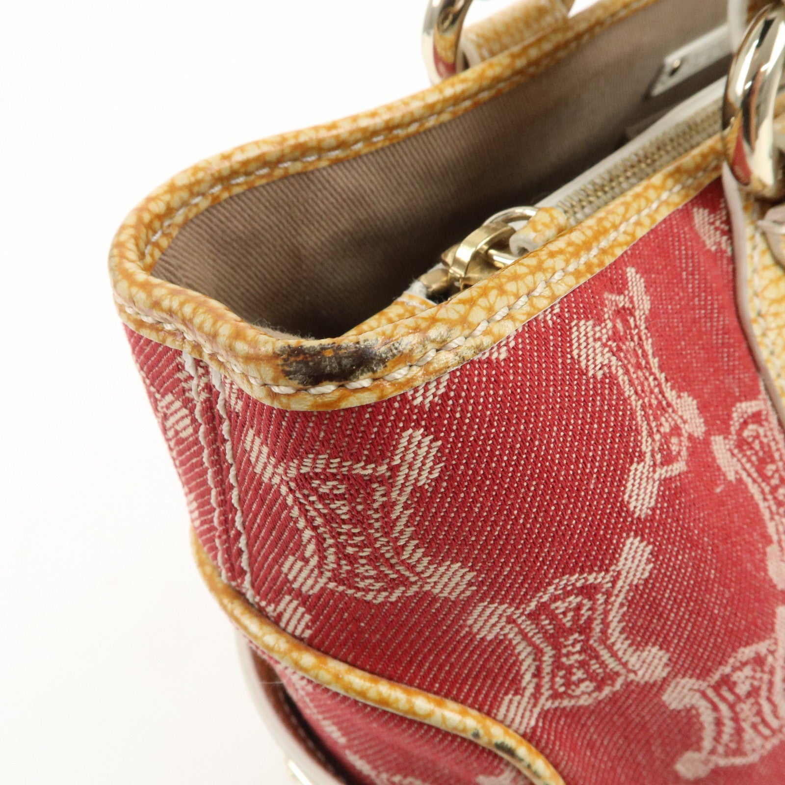 CELINE Macadam Boogie Canvas Leather Hand Bag Red Beige