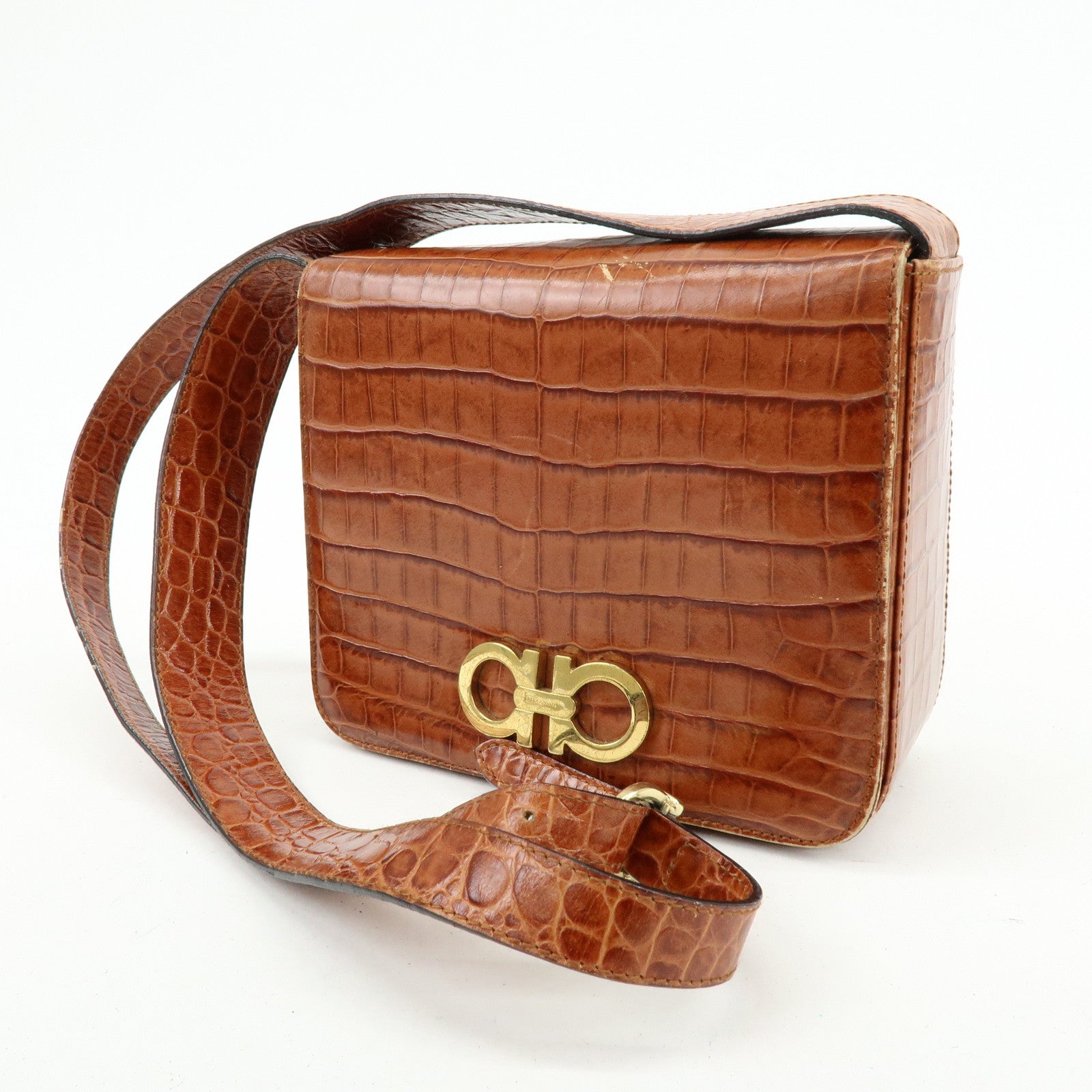 Ferragamo Gancini Embossed Leather Shoulder Crossbody Bag Brown