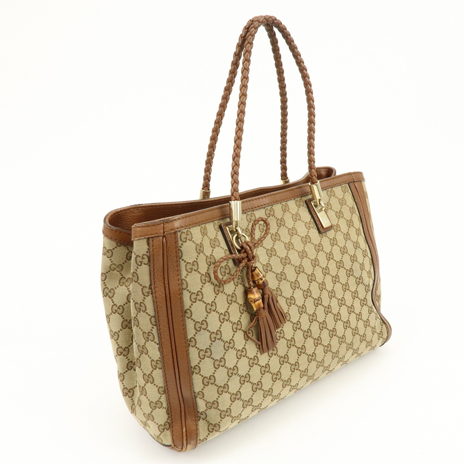 GUCCI Bamboo GG Canvas Leather Tote Bag Hand Bag Brown 269945