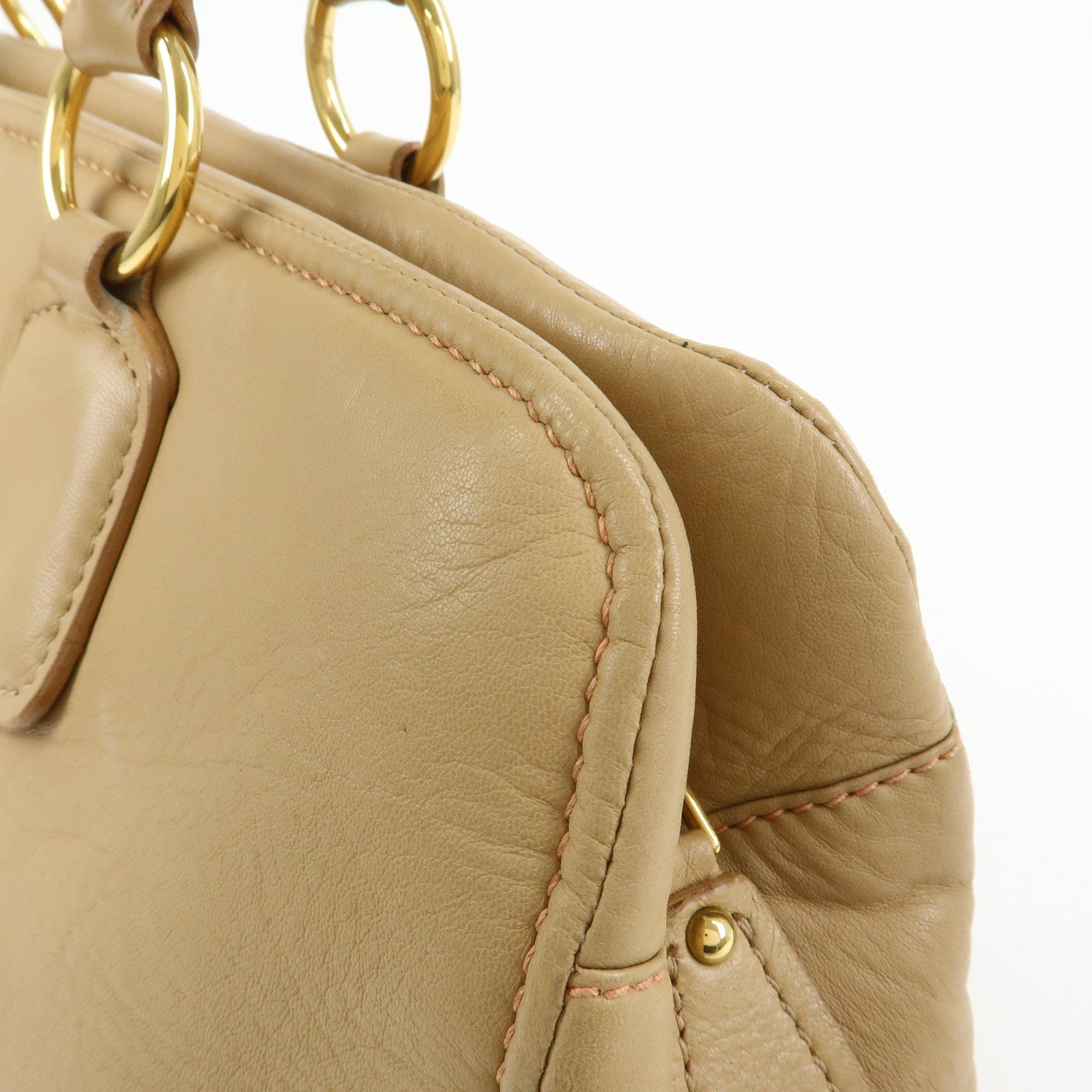MIU MIU Logo Leather Hand Bag Boston Bag Beige