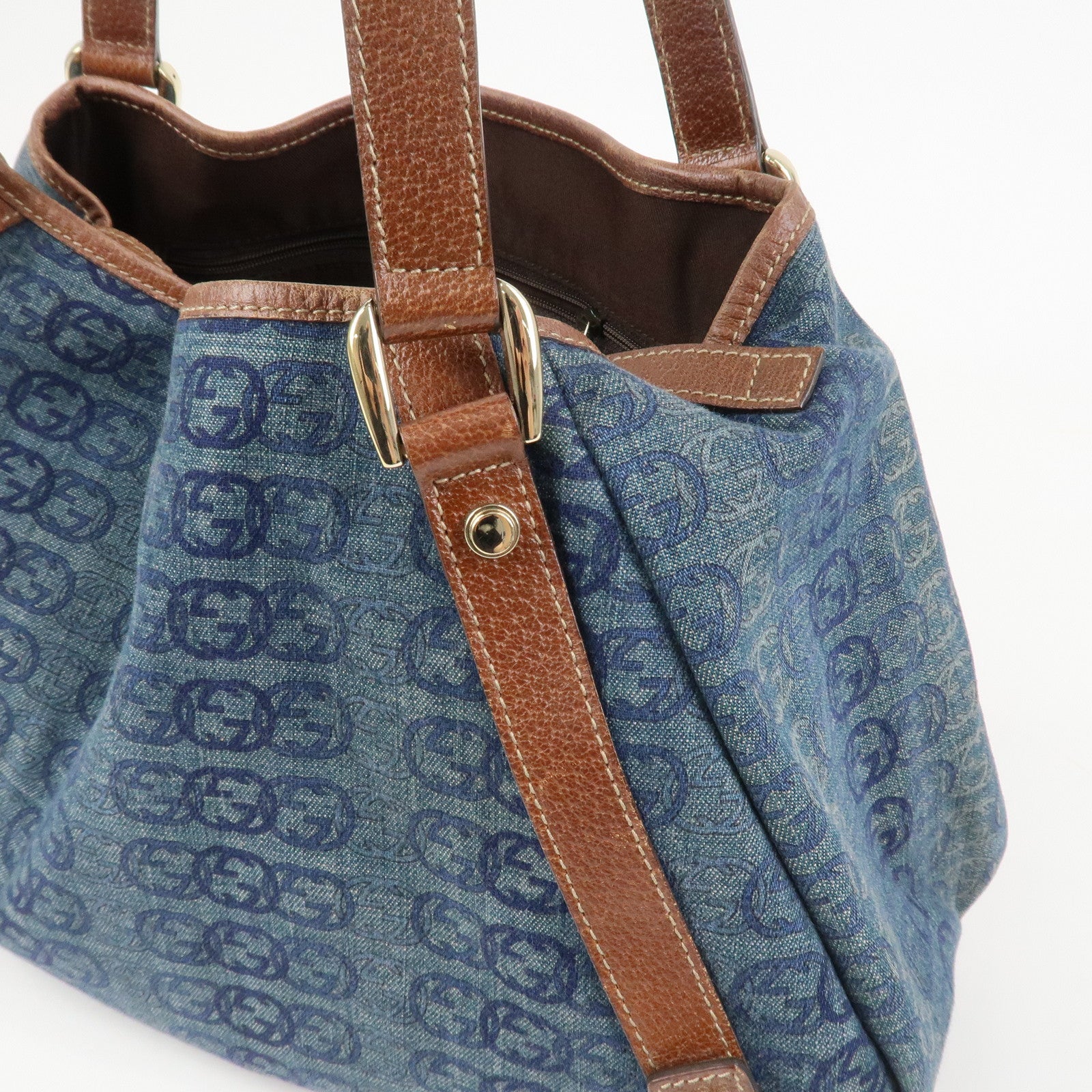 GUCCI Abbey Logo GG Denim Leather Tote Hand Bag Blue Brown 130736