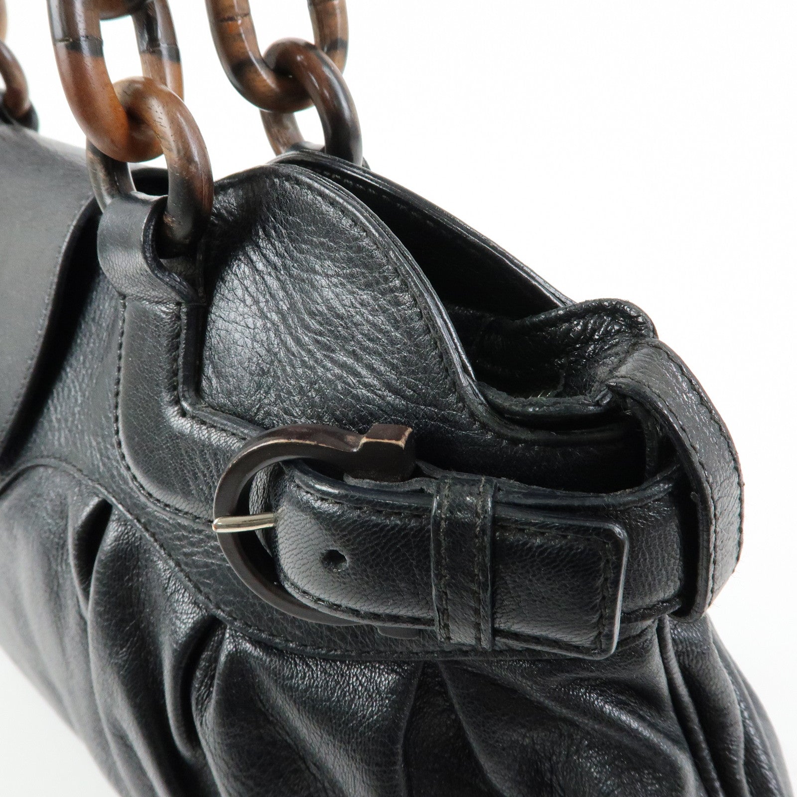 Ferragamo Gancini Leather Wood Shoulder Bag Hand Bag Black Brown