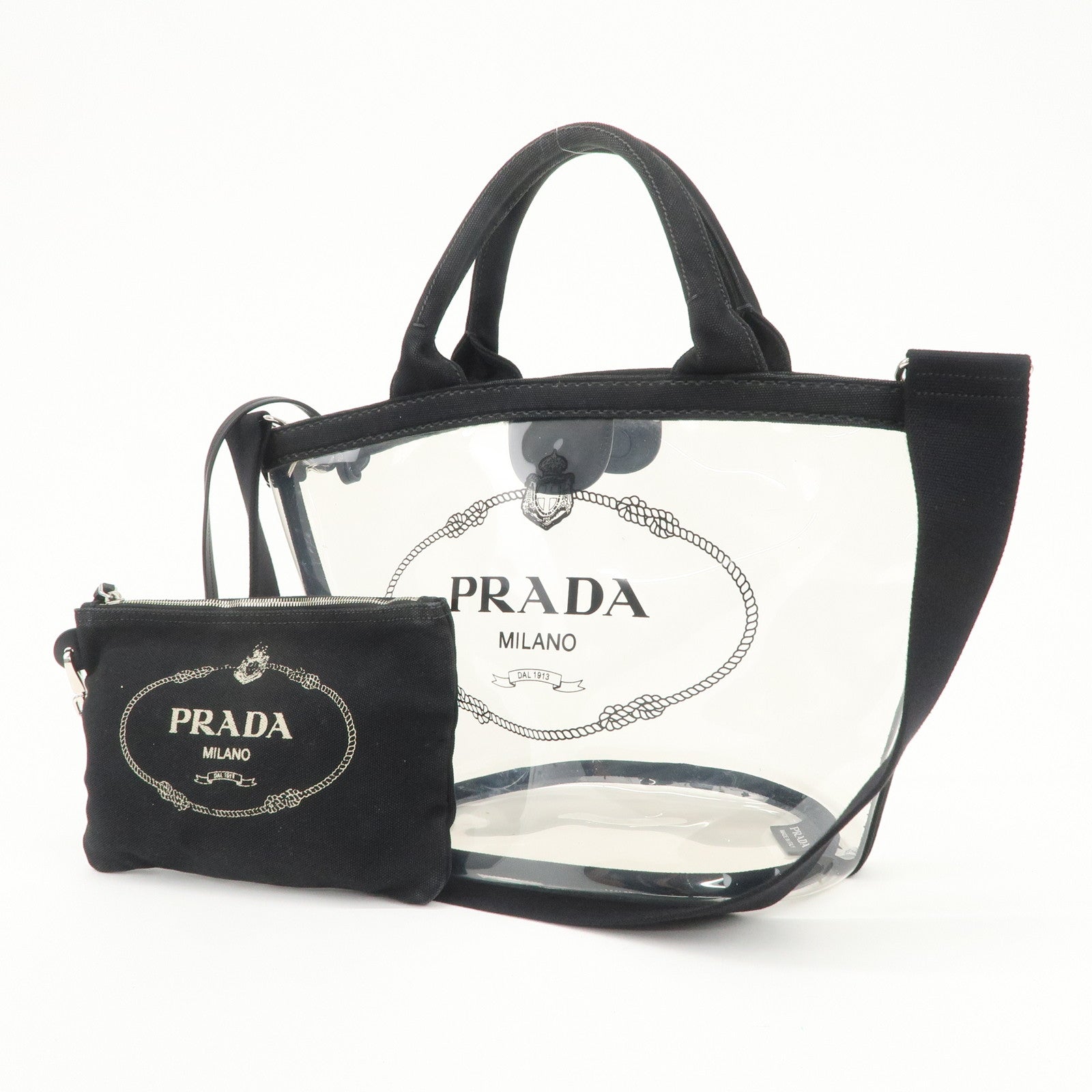 PRADA Canvas Vinyl Leather 2Way Hand Bag Clear Black 1BG187