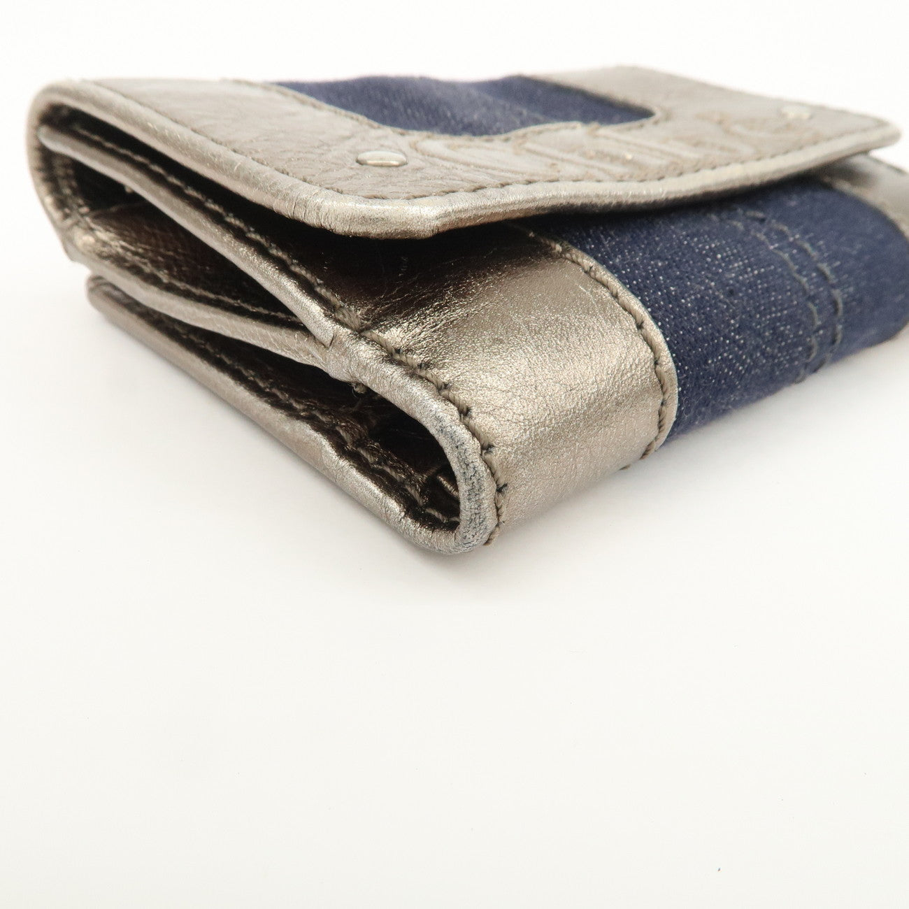 Chloe Harlee Leather Denim Bi-Fold Compact Wallet Silver Blue