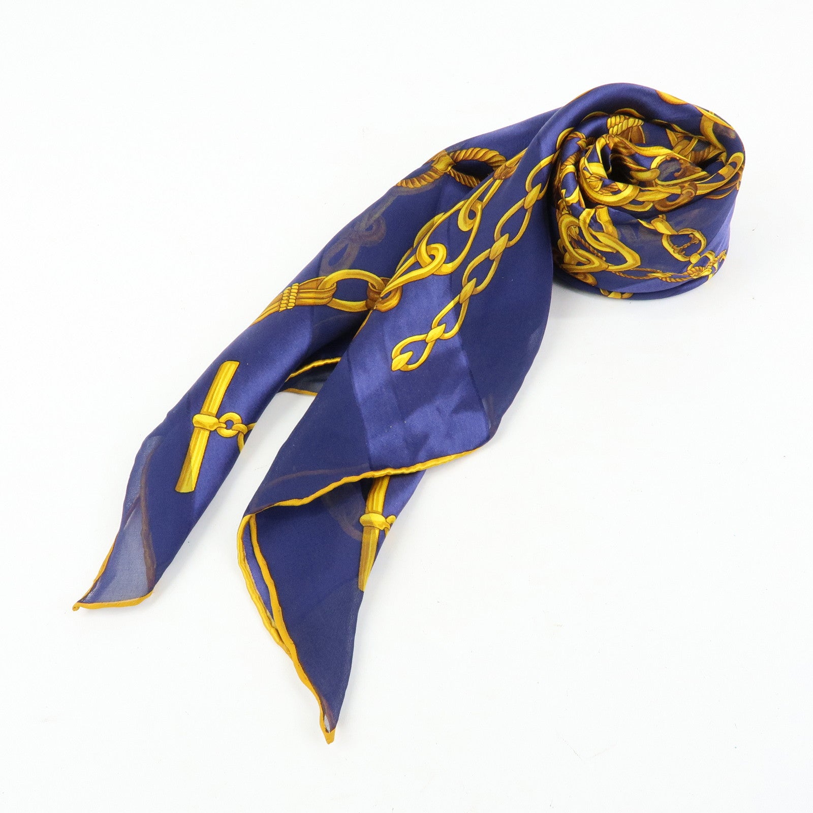 CELINE Silk 100% Chiffon Scarf Gold Chain Motif Navy Gold