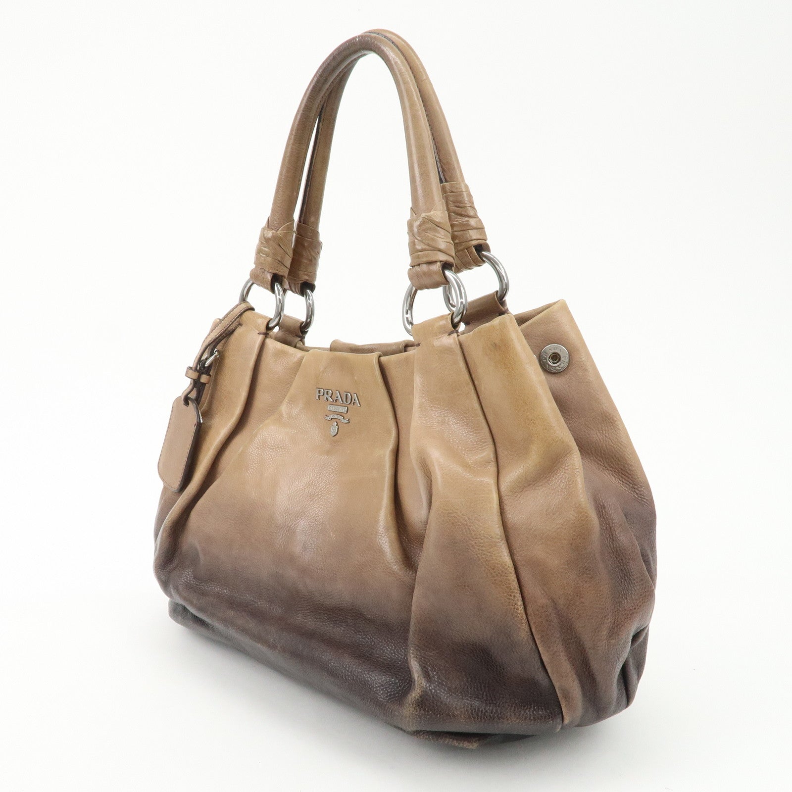PRADA Logo Leather Tote Bag Shoulder Bag Silver HDW Black Beige
